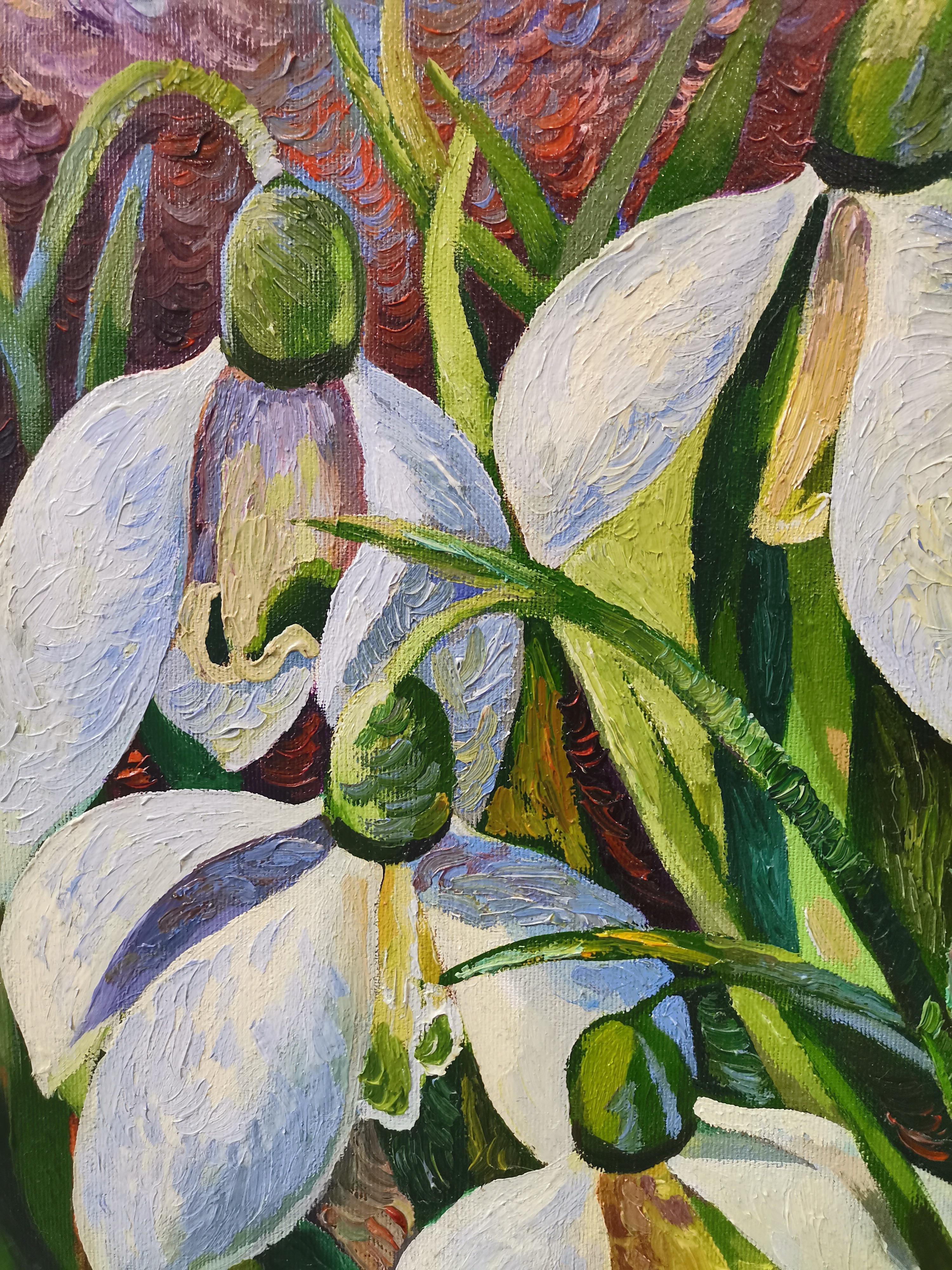 Snow Drops - Still Life Painting Oil Green Blue White Grey Brown Black Red For Sale 1
