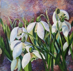Snow Drops - Still Life Painting Oil Green Blue White Grey Brown Black Red