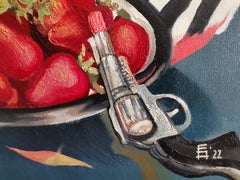 Strawberry Field - Still Life Painting Oil Green Blue White Grey Brown Black Red