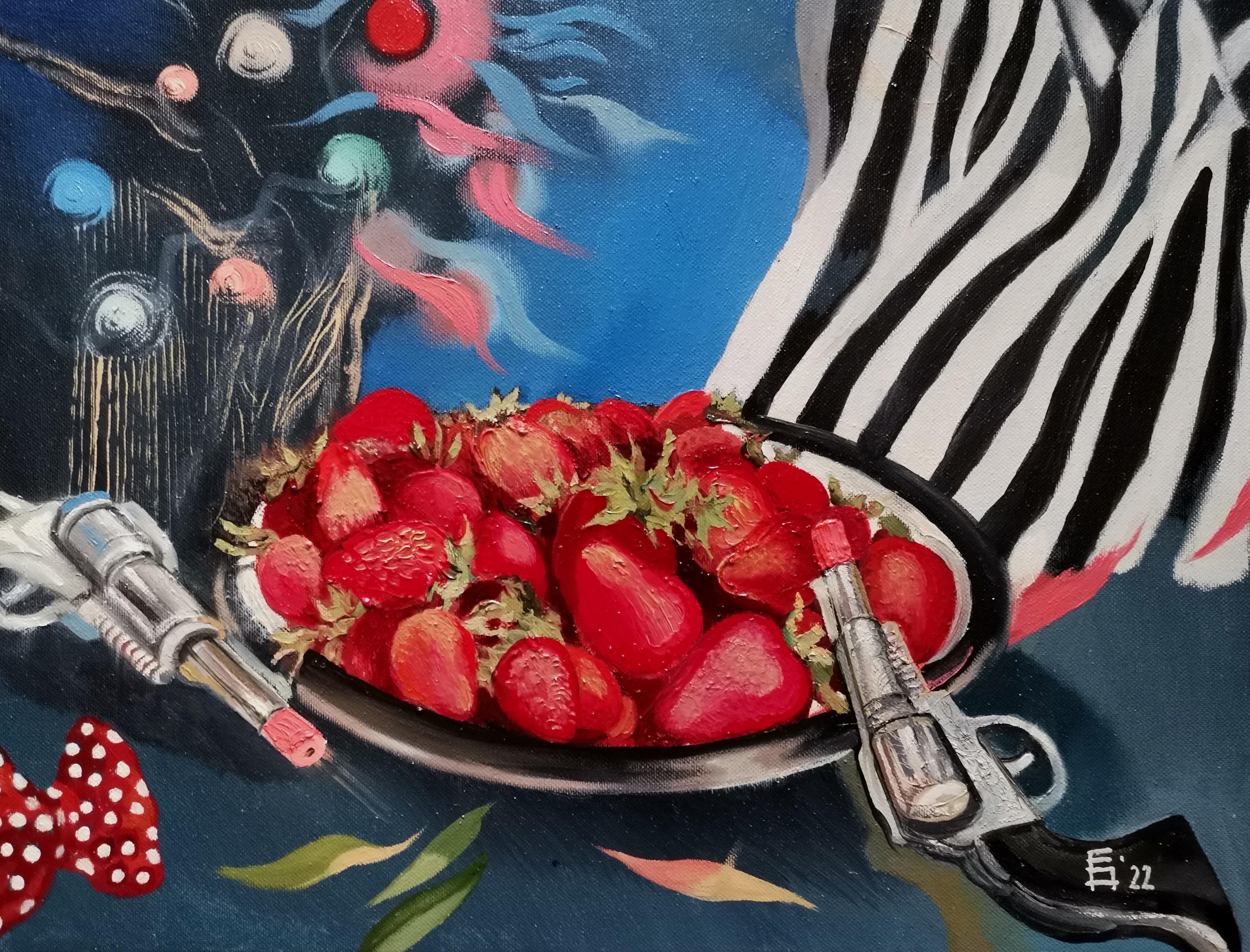 Eleonora Droumeva Still-Life Painting - Strawberry Field - Still Life Painting Oil Green Blue White Grey Brown Black Red