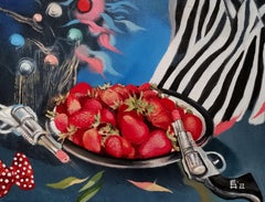 Champ de fraises - Nature morte à l'huile Vert Bleu Blanc Gris Marron Noir Rouge