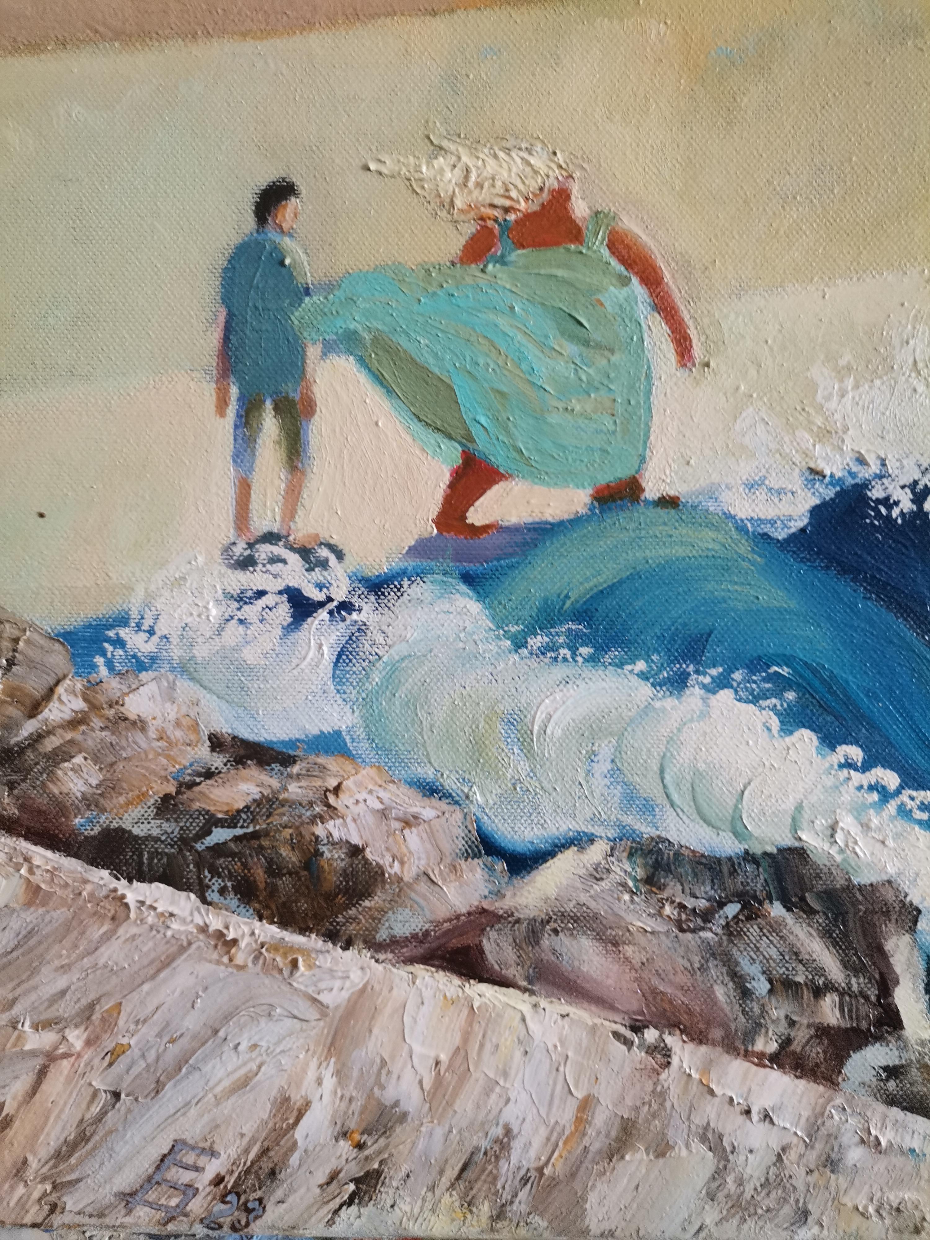 Stronger In Surf - Peinture de paysage à l'huile Vert Bleu Blanc Gris Brown Noir Rouge - Painting de Eleonora Droumeva