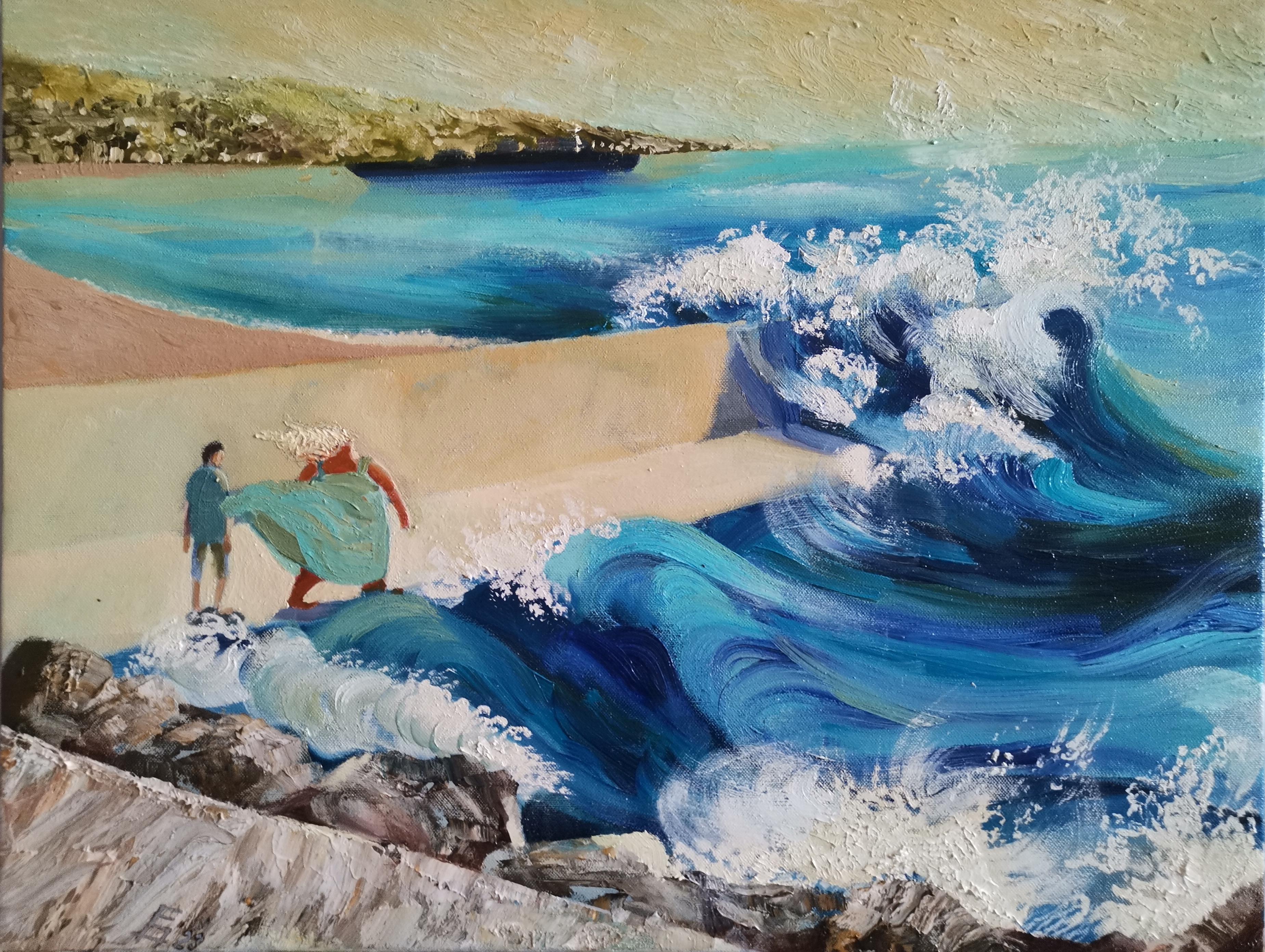Landscape Painting Eleonora Droumeva - Stronger In Surf - Peinture de paysage à l'huile Vert Bleu Blanc Gris Brown Noir Rouge