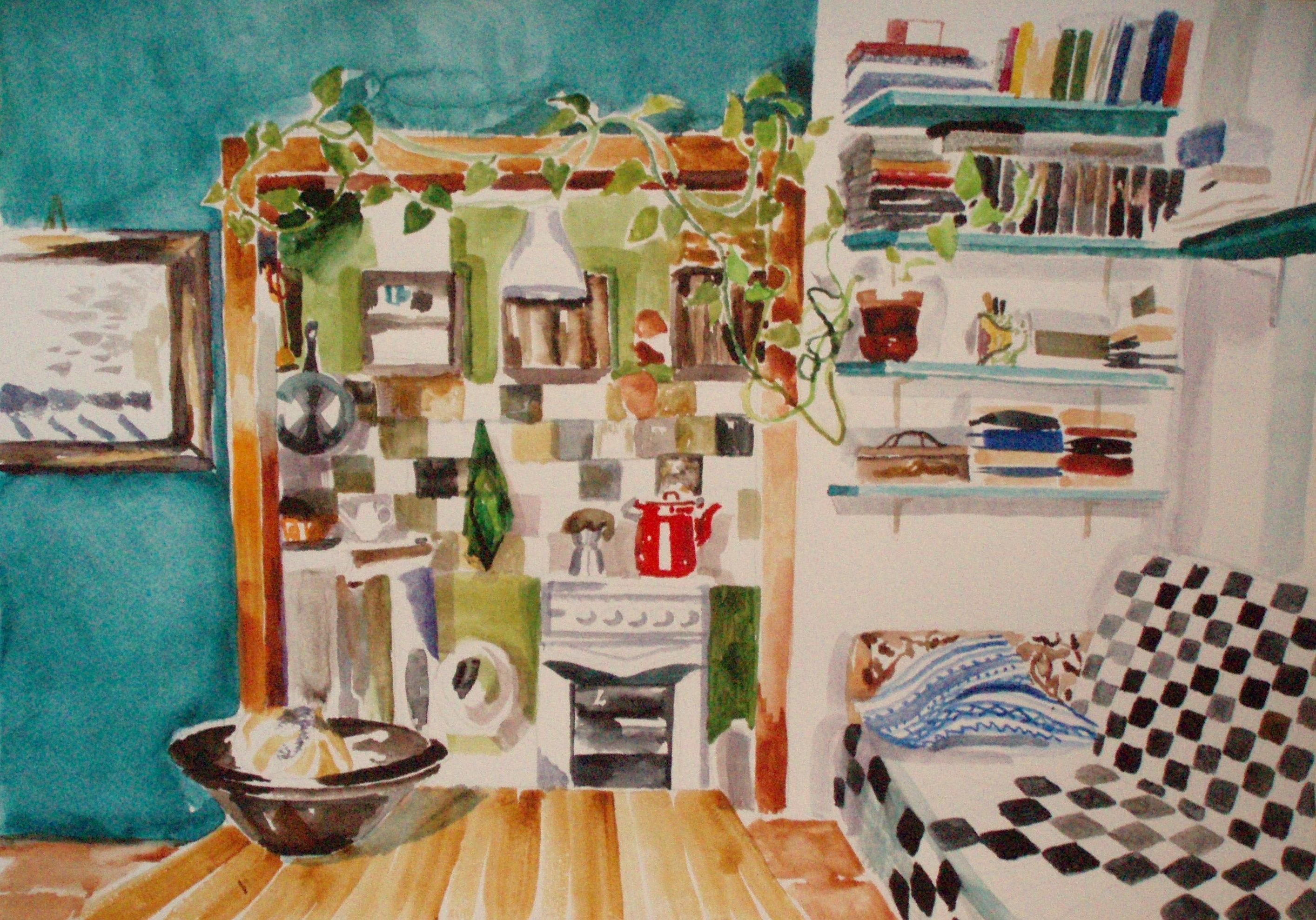 Interior Painting di Eleonora Droumeva - Triclinium - Pittura d'interni su tela ad olio Colori Verde Blu Nero