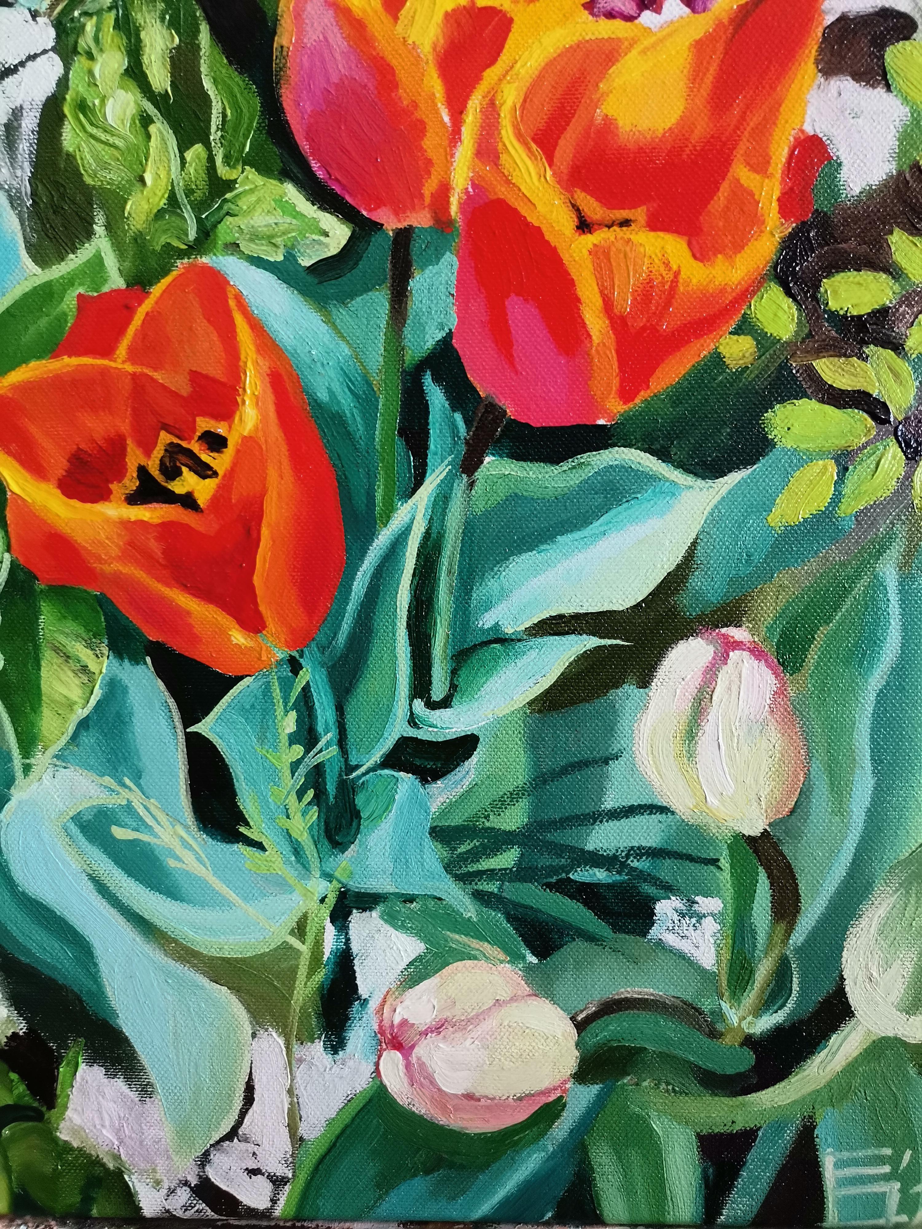 Tulipes - Nature morte à l'huile Vert Bleu Blanc Gris Brown Noir Rouge - Painting de Eleonora Droumeva