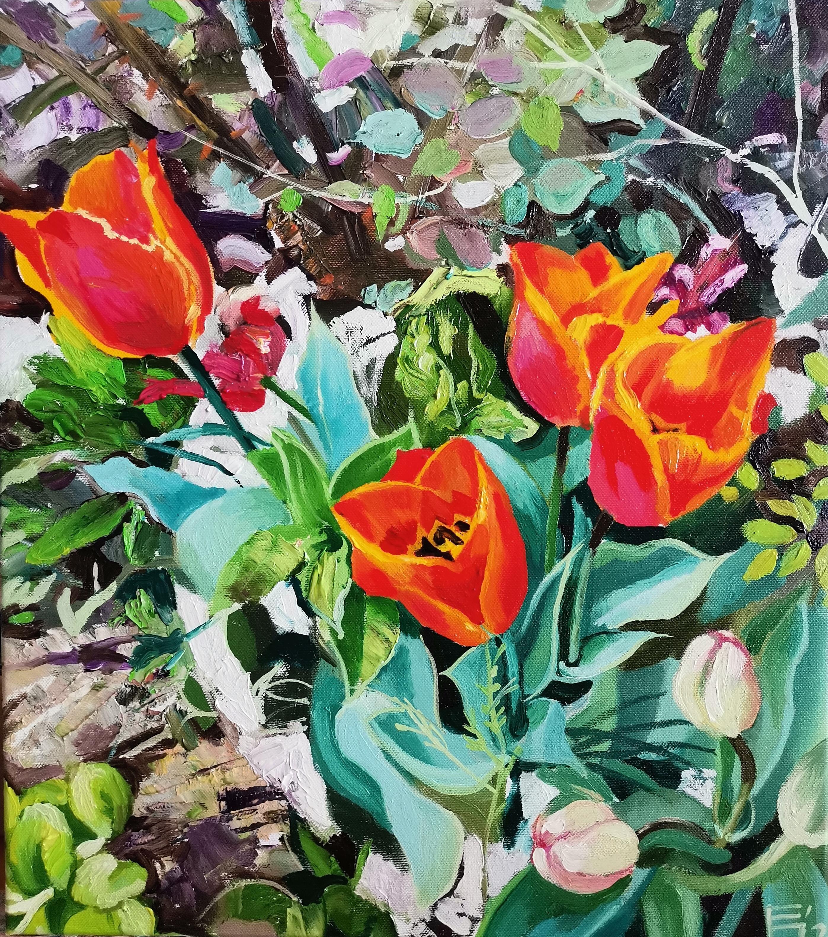 Landscape Painting Eleonora Droumeva - Tulipes - Nature morte à l'huile Vert Bleu Blanc Gris Brown Noir Rouge