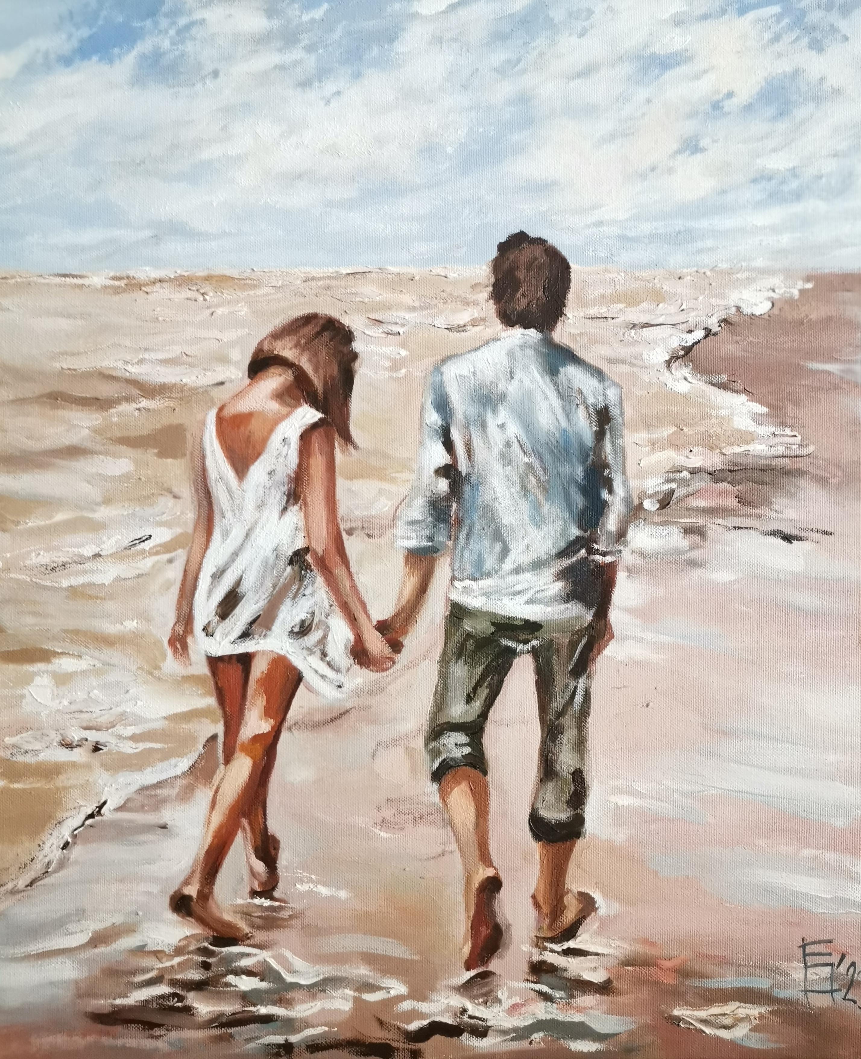 Eleonora Droumeva Landscape Painting - Two of Us - Figurative Painting Oil Brown Black Red