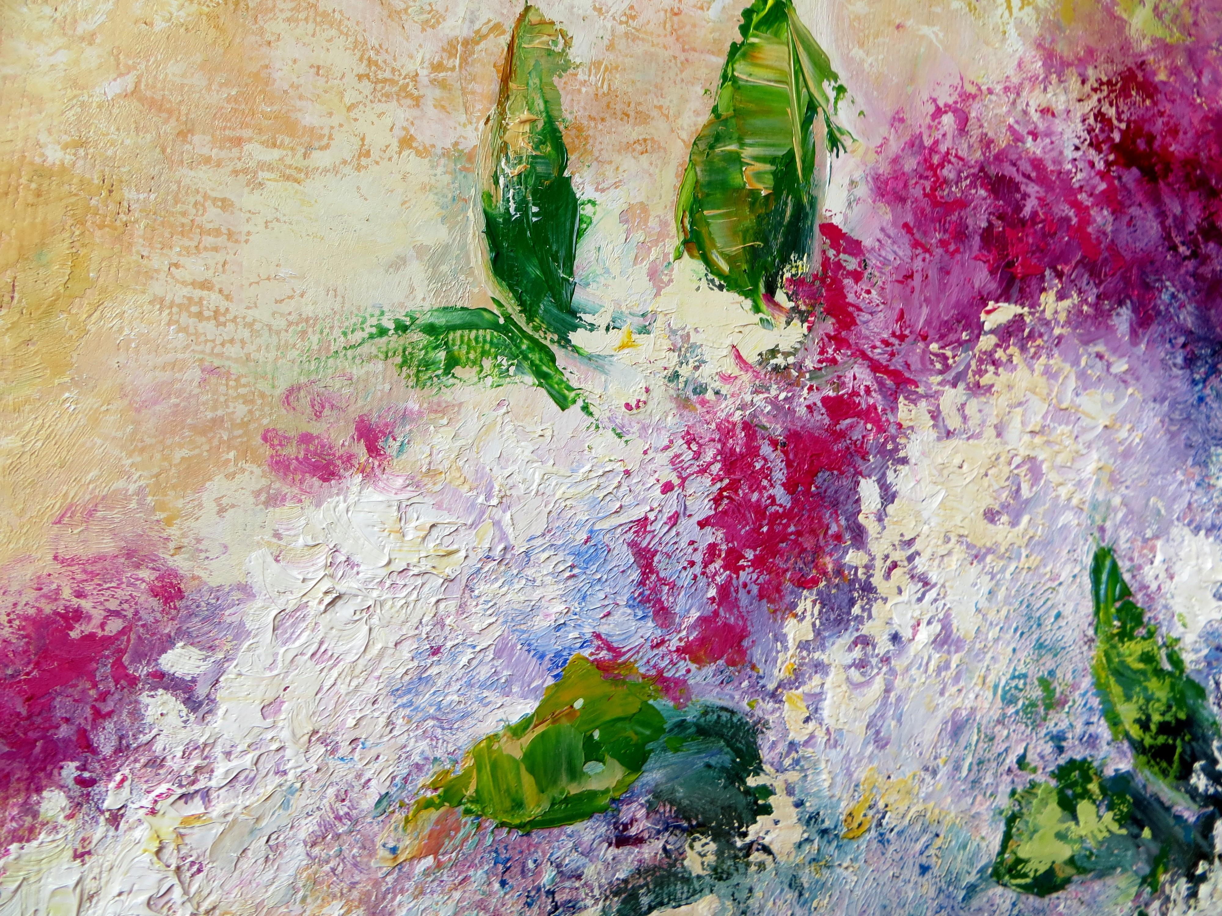 Questa natura morta floreale è dipinta con la tecnica dell'impasto su tela italiana di alta qualità, che conferisce profondità e dimensione a ogni pennellata. L'artista cattura la brillantezza di una soleggiata mattina di maggio e la delicata