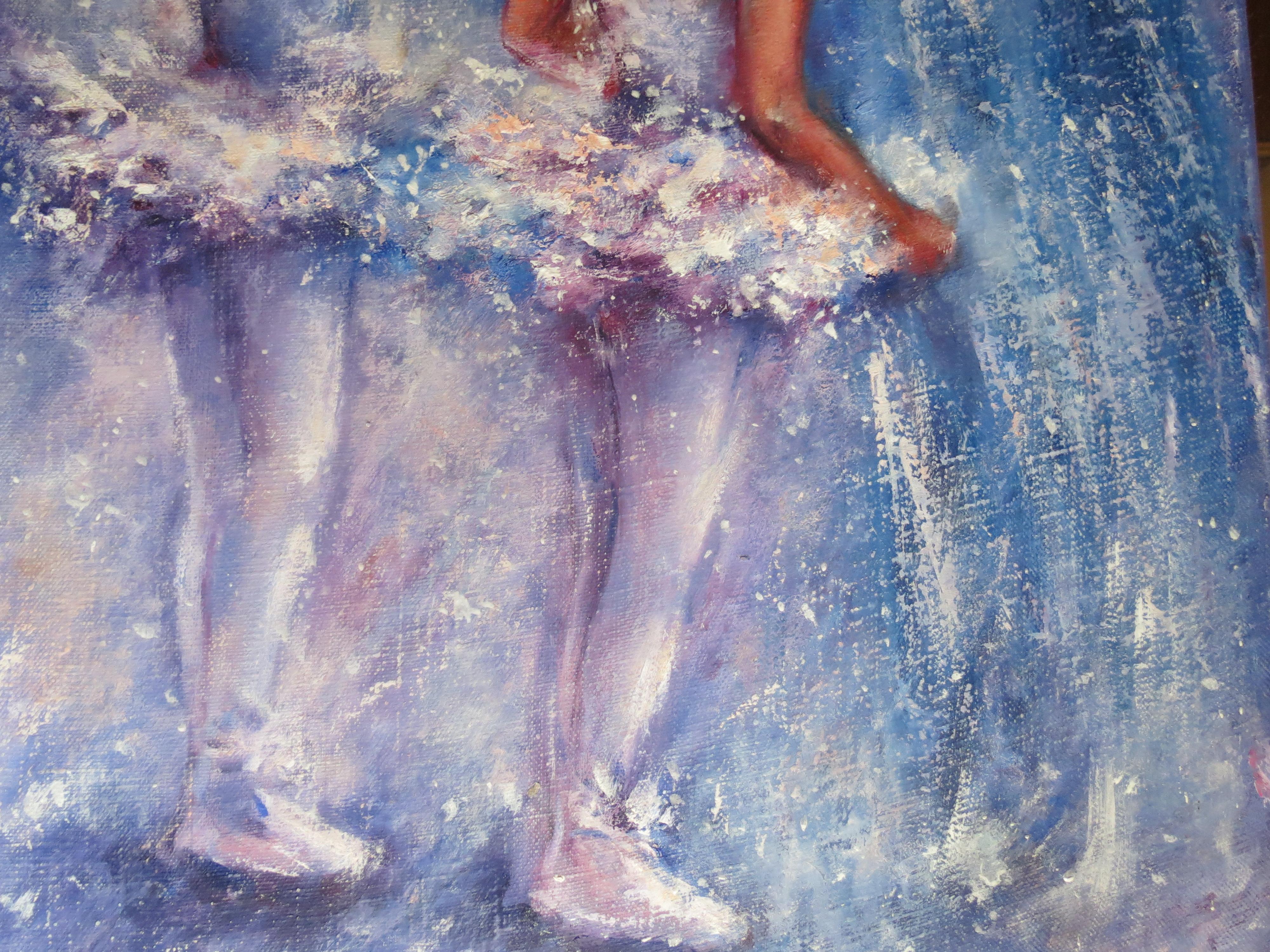 Esta obra de arte única y delicada se creó utilizando la técnica original del artista sobre un lienzo de lino italiano de alta calidad. El vibrante óleo, pintado en tonos morados y azules, es una pieza única y está firmado a mano por el artista. El