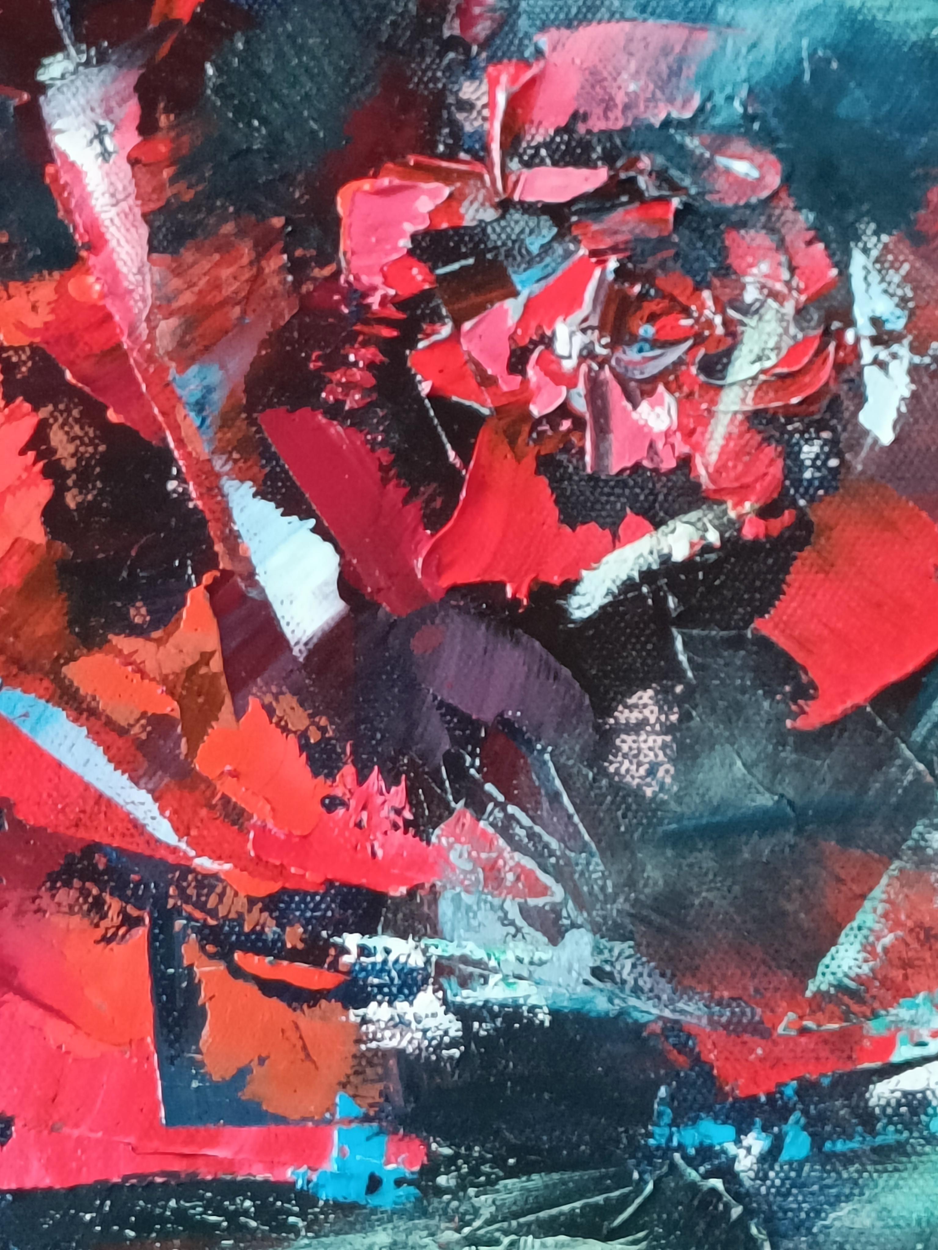 Este óleo original muestra un ramo de rosas rojas creado en un estilo semiabstracto, donde los pétalos florales reconocibles se retratan con expresivos trazos de espátula. Las flores están pintadas con profundos y vibrantes tonos escarlata que