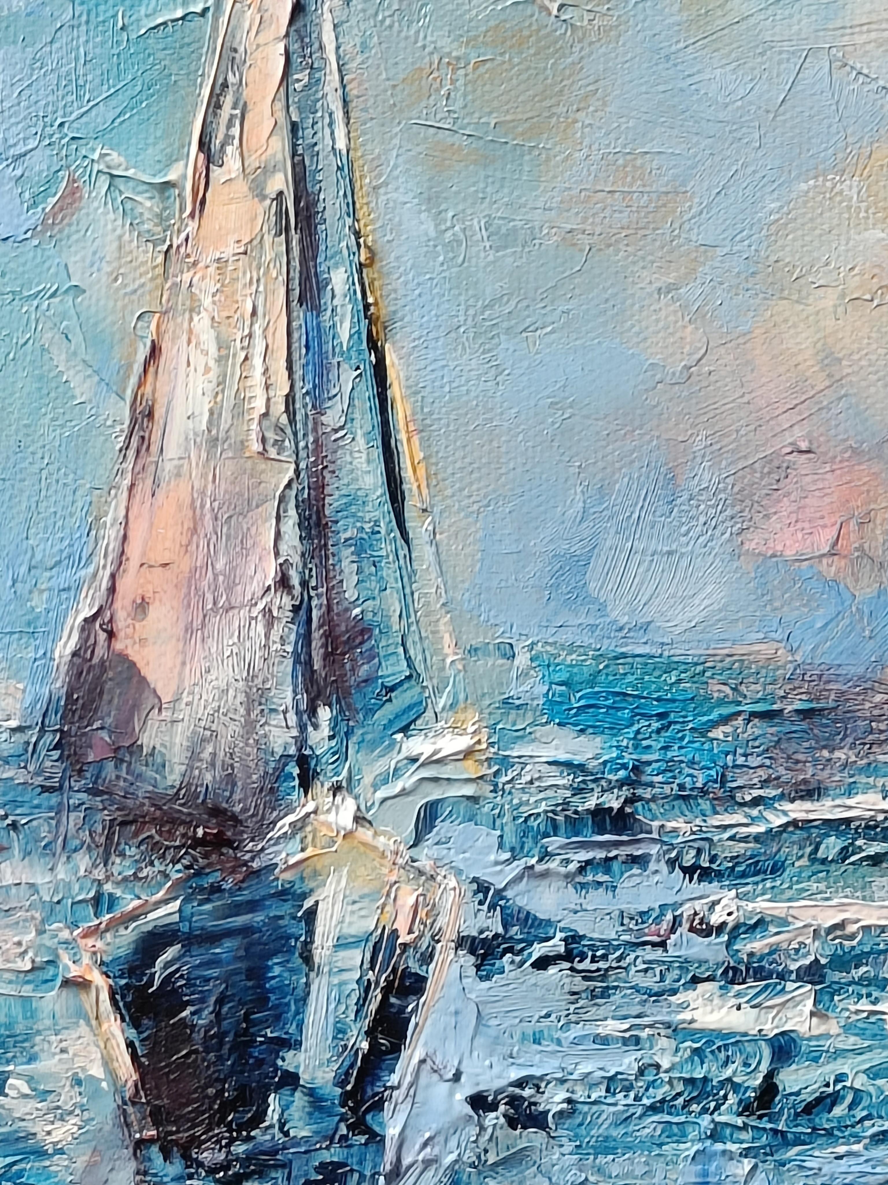 Seascape on a Boat (Blau), Landscape Painting, von Eleonora Taranova