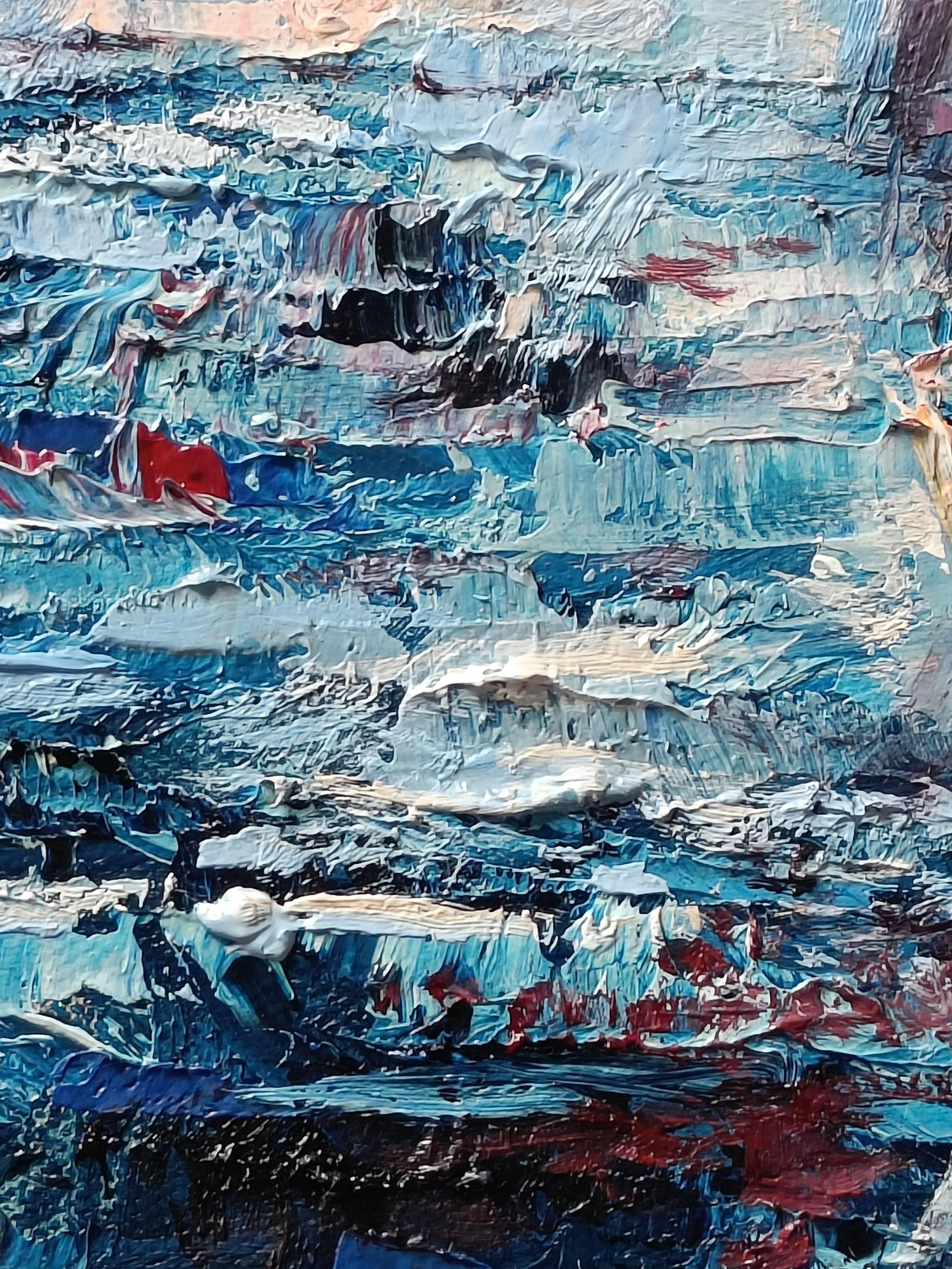 This small seascape featuring a sailboat floating across the sea was painted during my participation in the Krea-Messe Creative Fair in Copenhagen, 2025. A semi-abstract palette knife technique was used to create a textured canvas. Vibrant light and