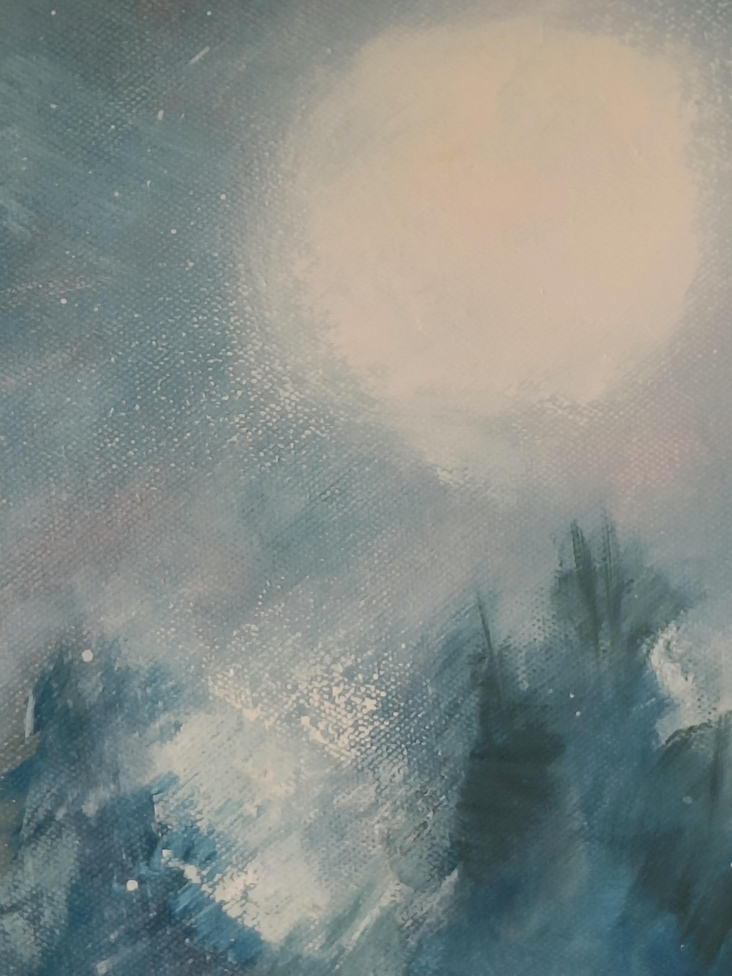 Questo dipinto è stato creato con spensieratezza, accompagnato da una musica misteriosa che riempiva l'aria mentre lavoravo. Sulla tela vedrai uno dei miei soggetti preferiti, i cavalli, sullo sfondo di una notte di luna. Una delicata brina ha