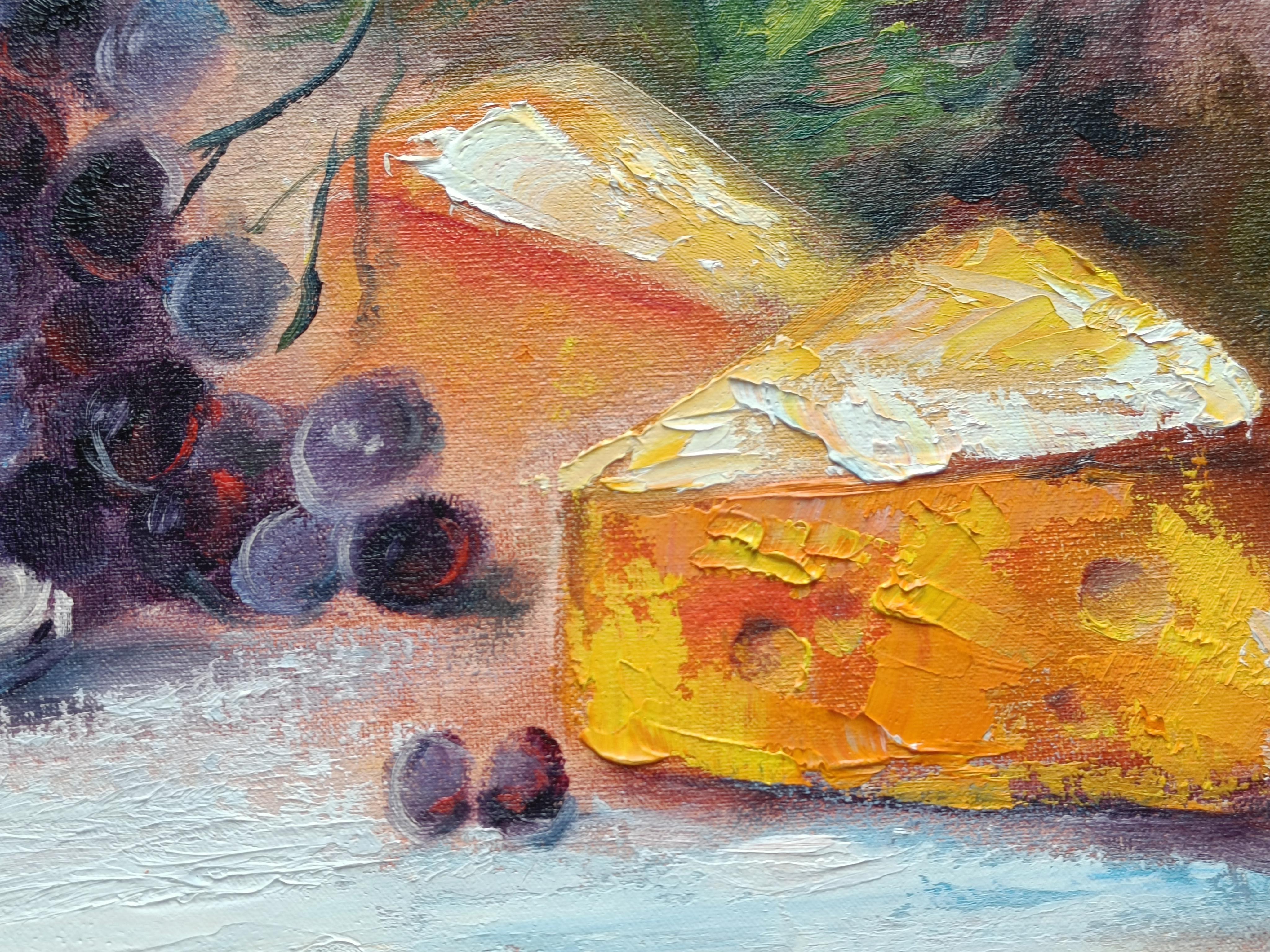 Stillleben mit Trauben, Wein und Käse (Braun), Still-Life Painting, von Eleonora Taranova