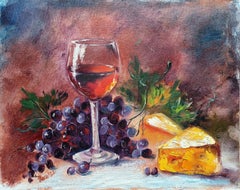 Stillleben mit Trauben, Wein und Käse
