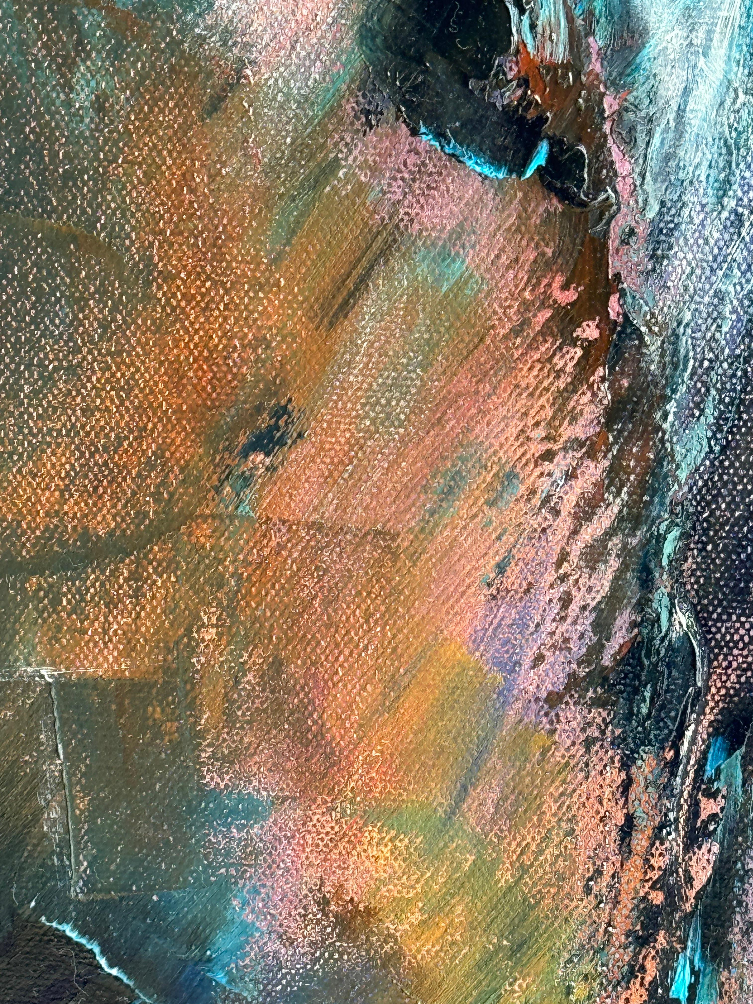 Questa è la storia di una coppia di cavalli, resa in stile impressionista con una spatola. Il dipinto ci racconta una storia vivida come le pennellate che lo animano. Su uno sfondo verdastro, quasi etereo, i due cavalli rosso-bruni stanno uno