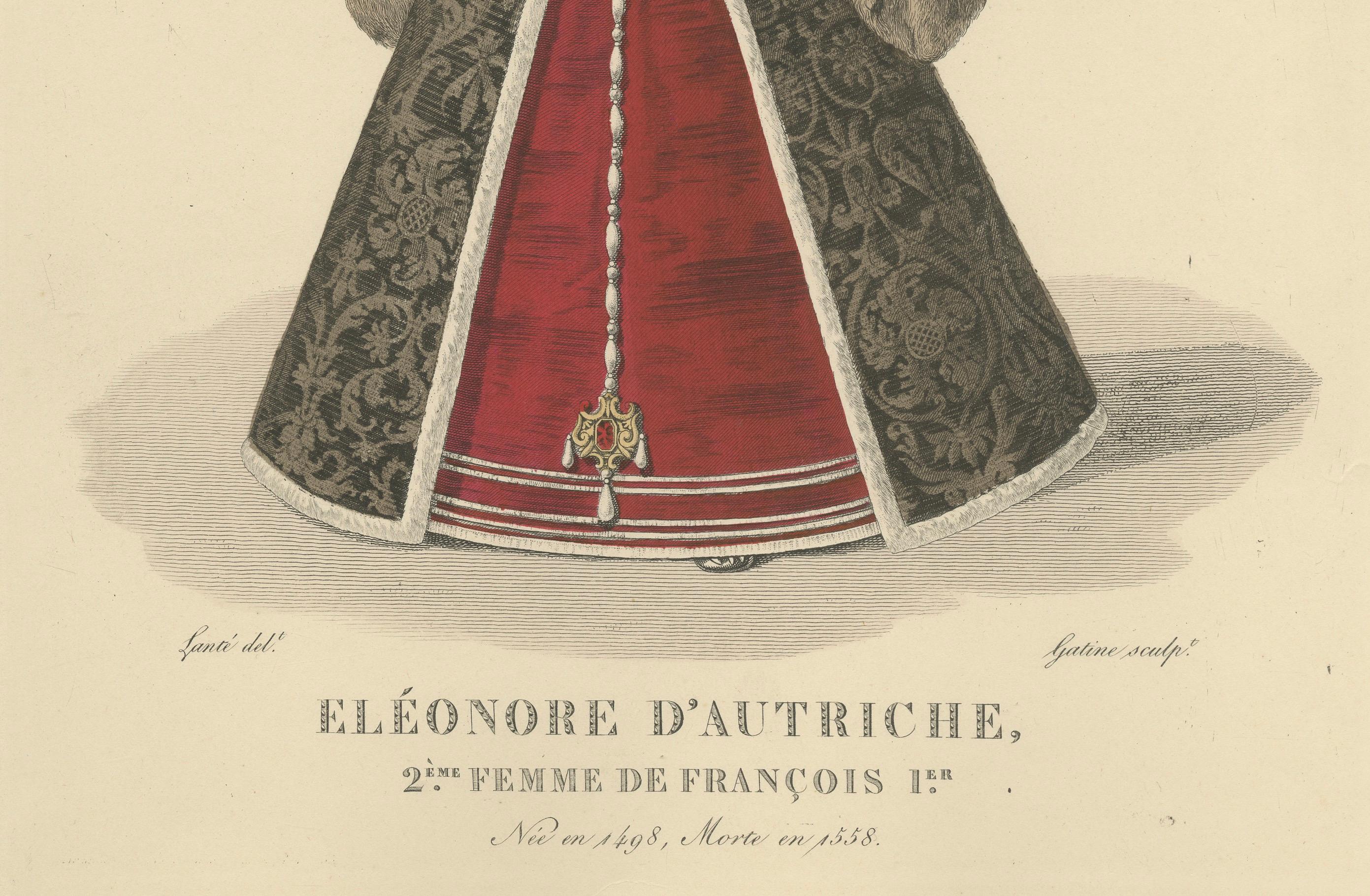 Handkolorierter Kupferstich von Éléonore d'Autriche, Königin von Frankreich, um 1900

Dieser handkolorierte Stich zeigt Éléonore d'Autriche (1498-1558), auch bekannt als Eleonore von Österreich, die zweite Ehefrau von François I. von Frankreich.