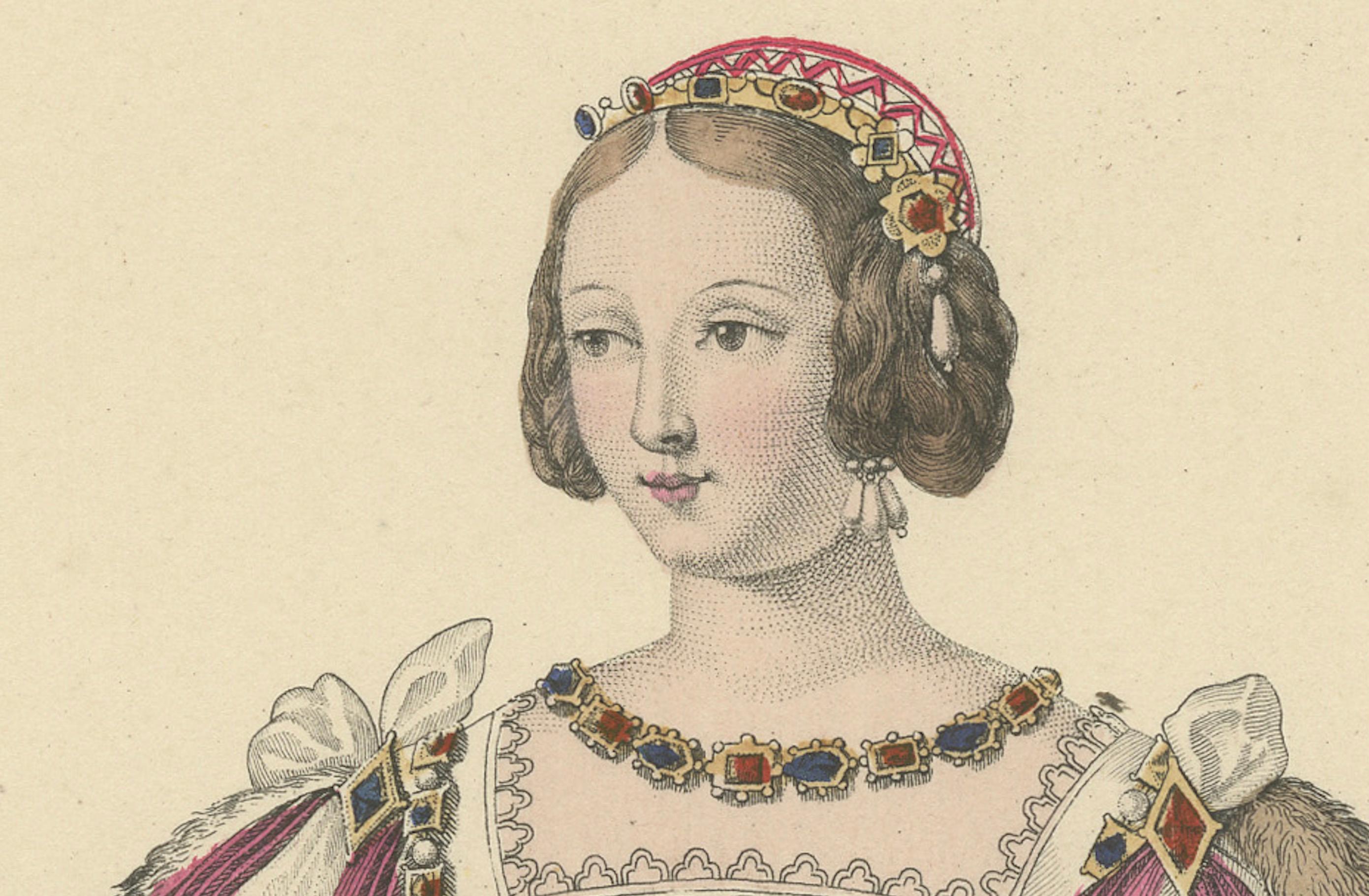 Éléonore d'Autriche, Königin von Frankreich - Handkolorierter Porträtdruck, um 1900 (Graviert) im Angebot