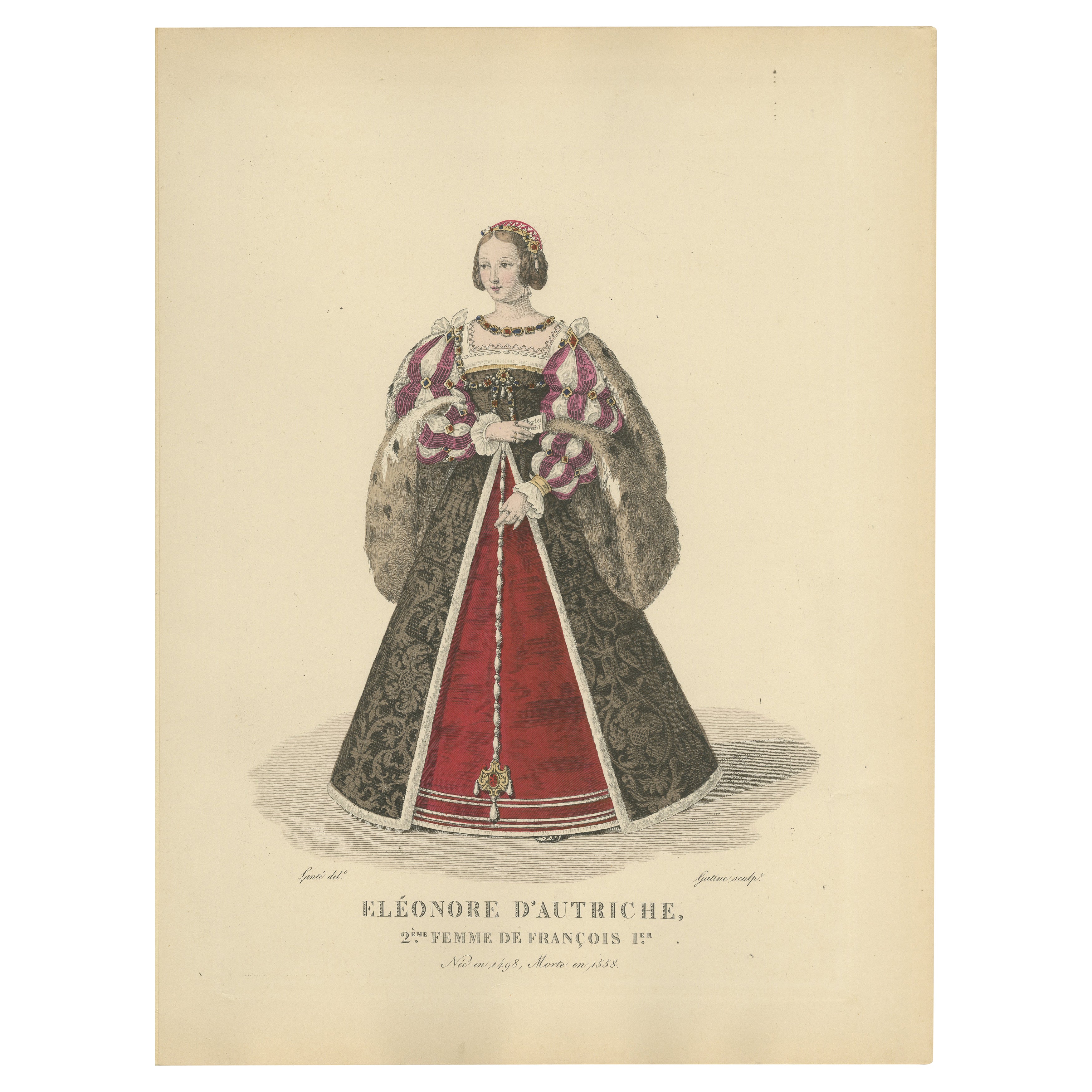 Éléonore d'Autriche, Königin von Frankreich - Handkolorierter Porträtdruck, um 1900