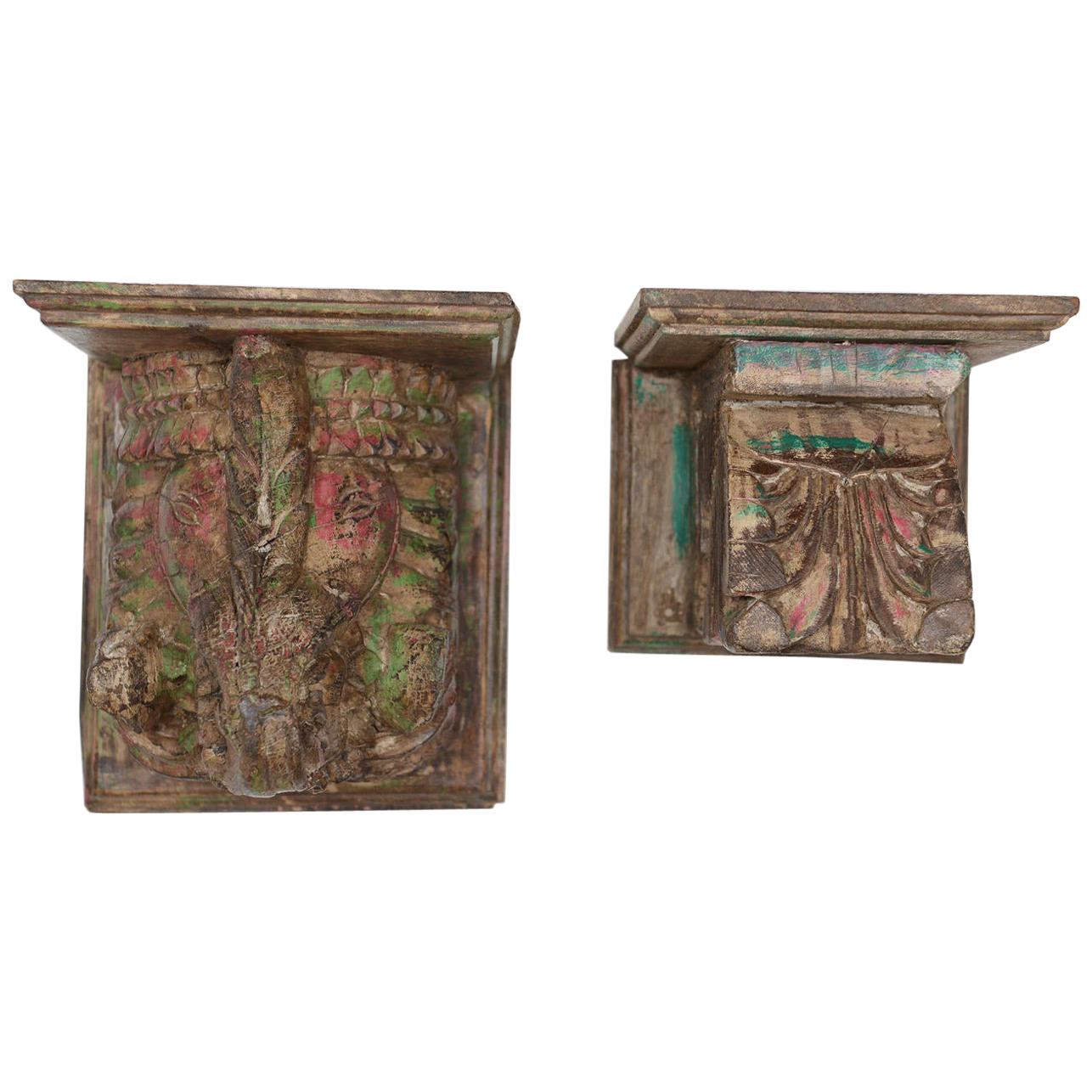Elephant and Flower Carved Wooden Brackets, 20th Century For Sale