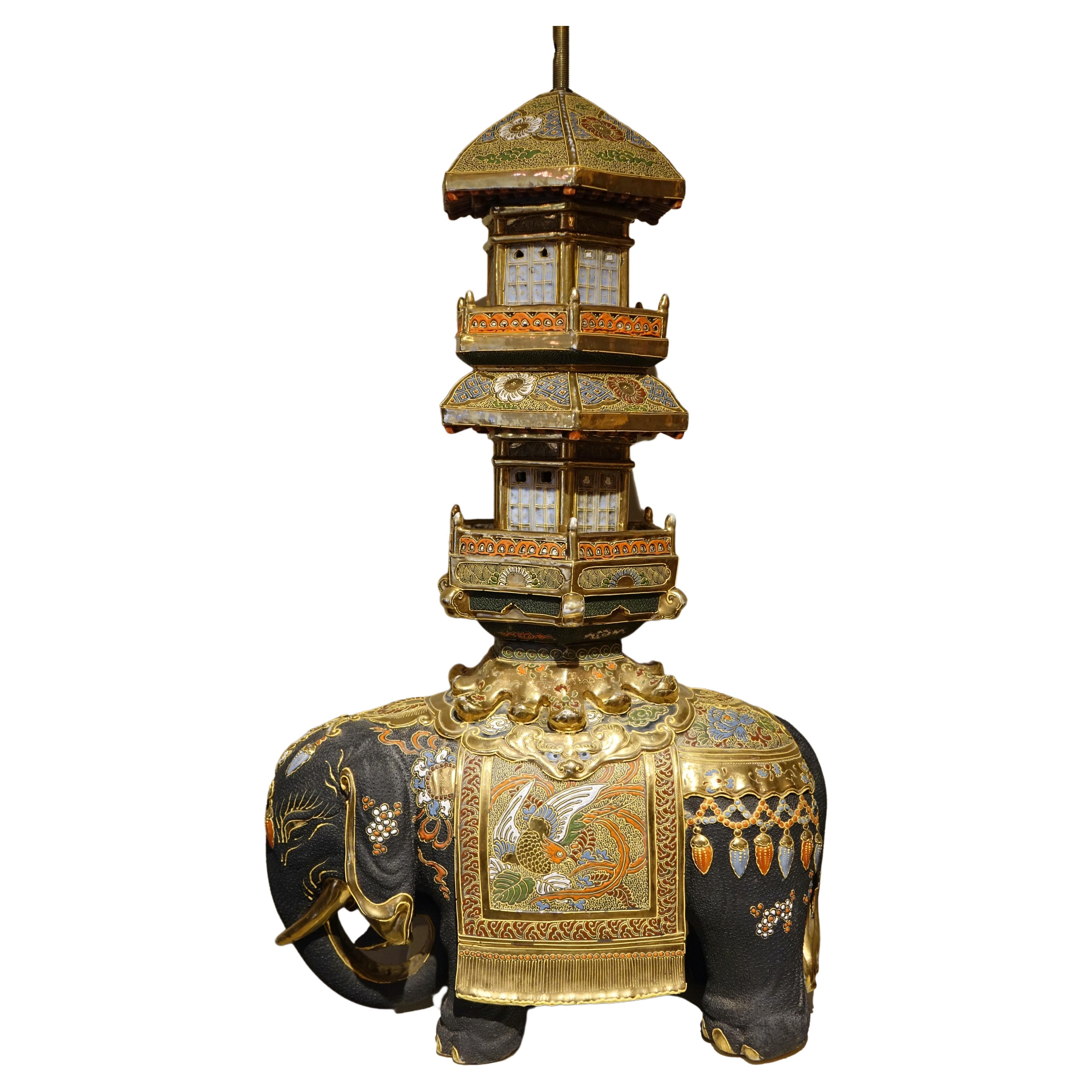 Elephant and palanquin in a pagoda, Satsuma porcelain, Japan 19th century For Sale