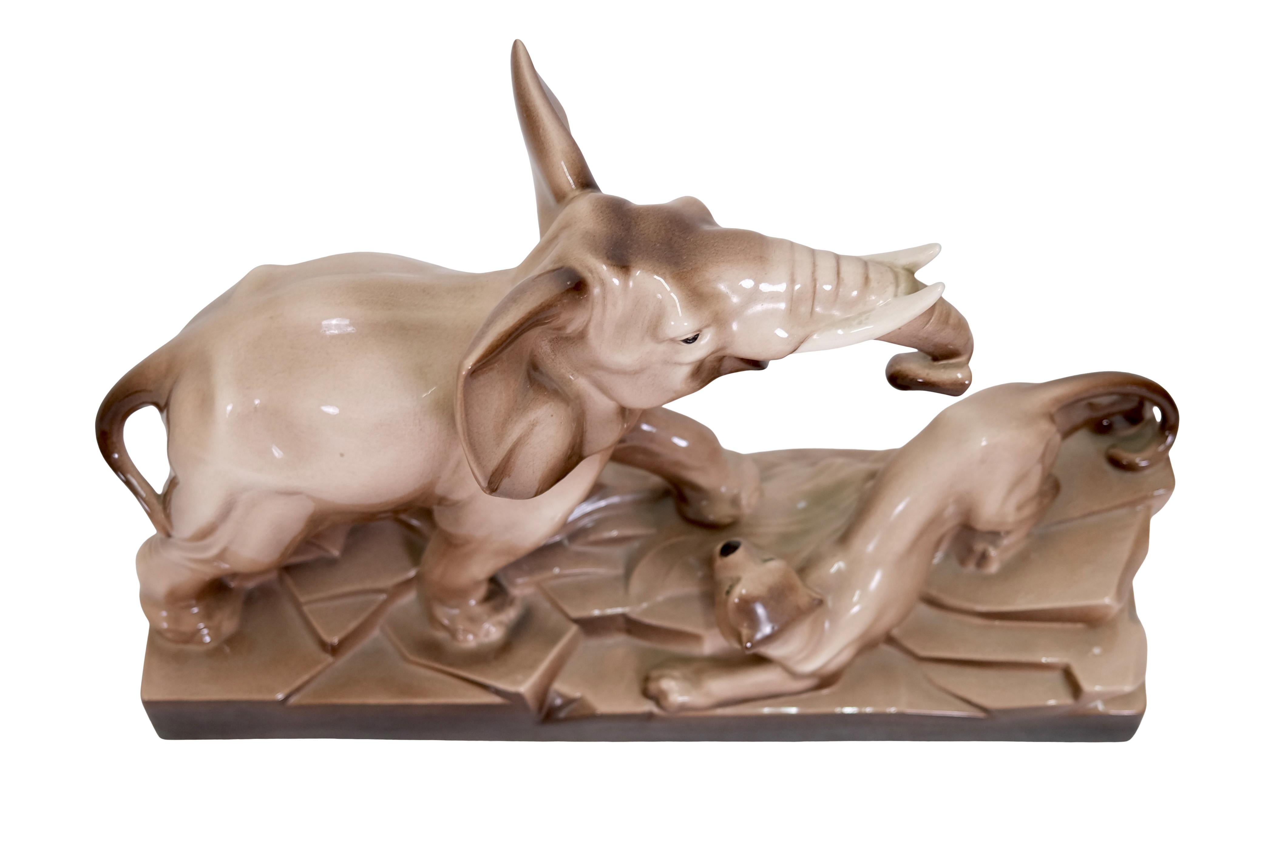 Mid-20th Century Elephant and Panther Big French Art Deco Glazed Ceramic Sculpture For Sale