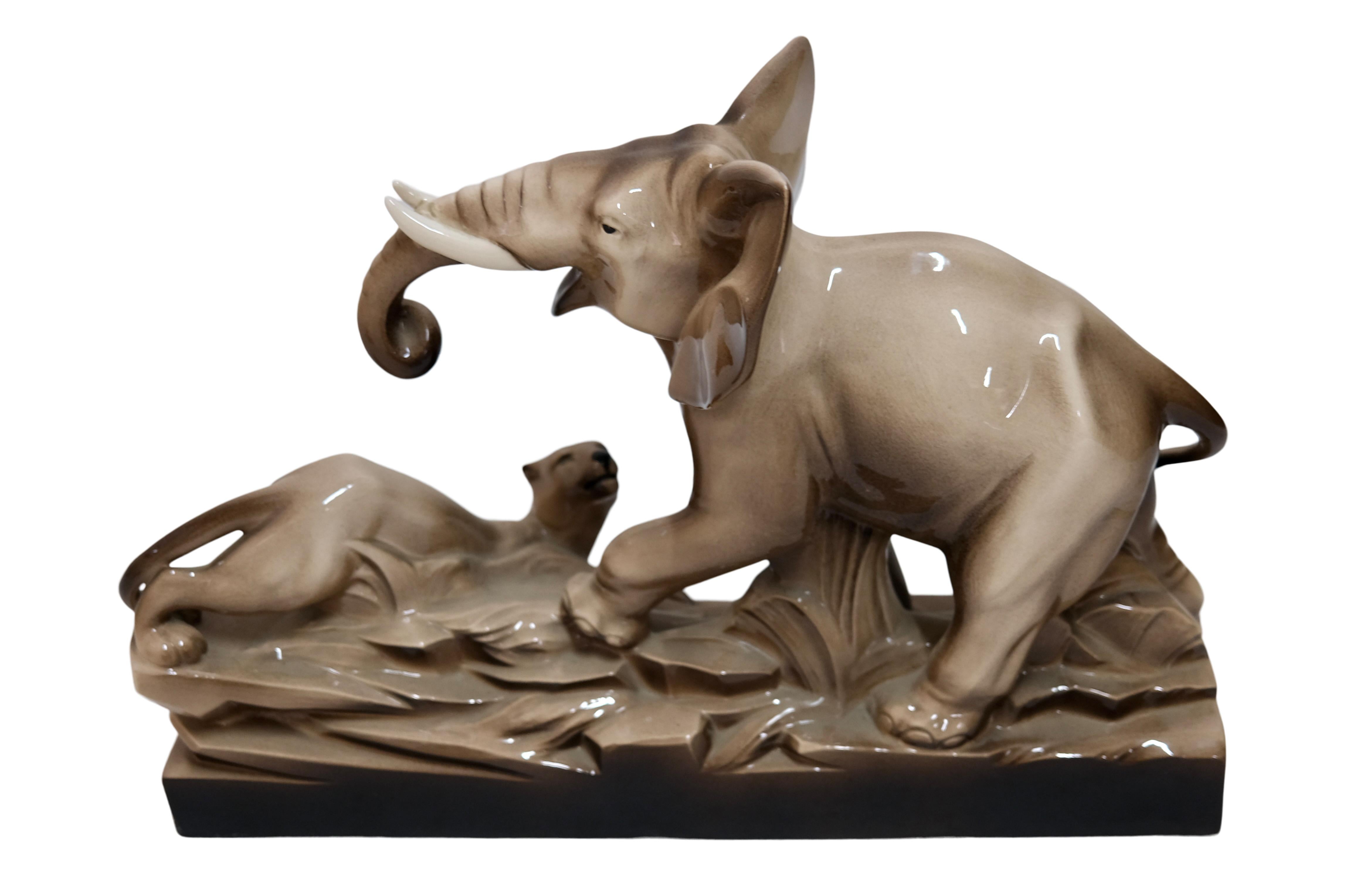 Elephant and Panther Big French Art Deco Glazed Ceramic Sculpture For Sale 4