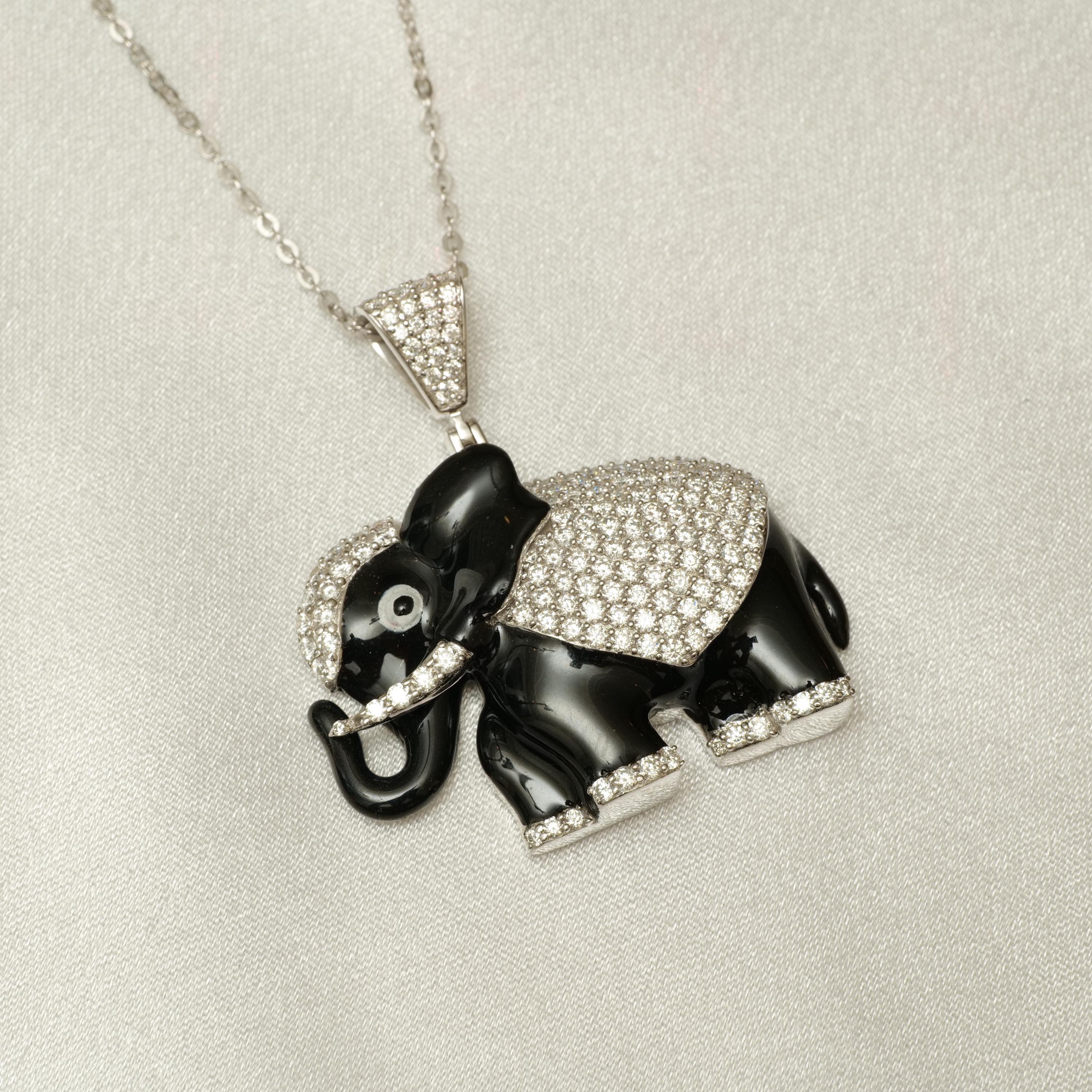Women's Elephant Black Enamel Diamond Pendant Necklace in 14K Solid Gold (Certified) For Sale