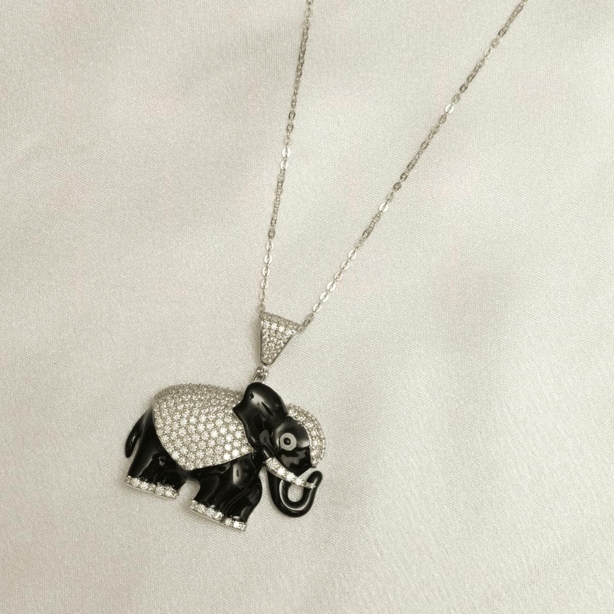 Collier pendentif éléphant en émail noir et diamants en or massif 14K (certifié) en vente 2
