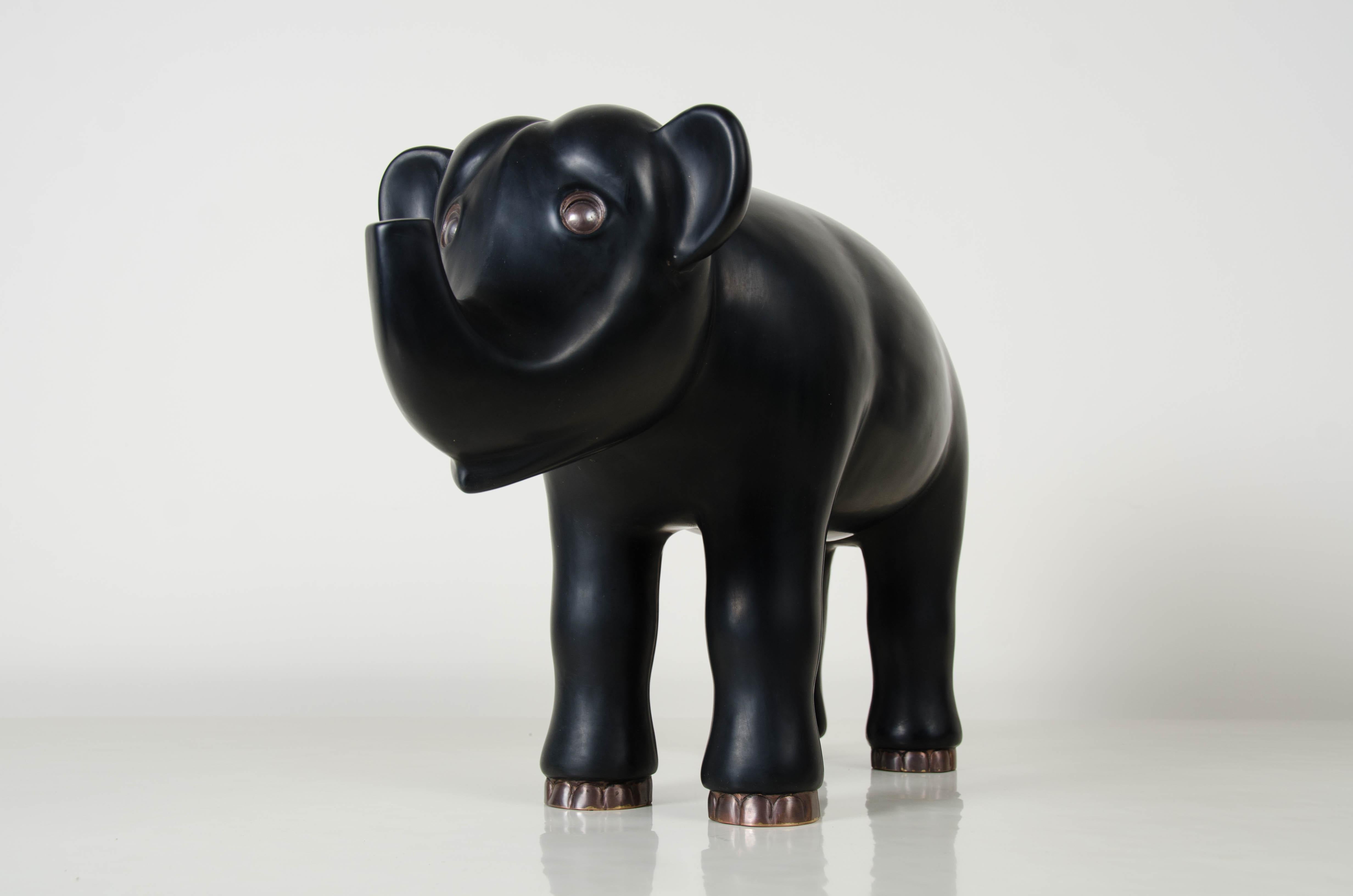 Copper Elephant, Black Lacquer by Robert Kuo, Hand Repoussé, Limited Edition For Sale