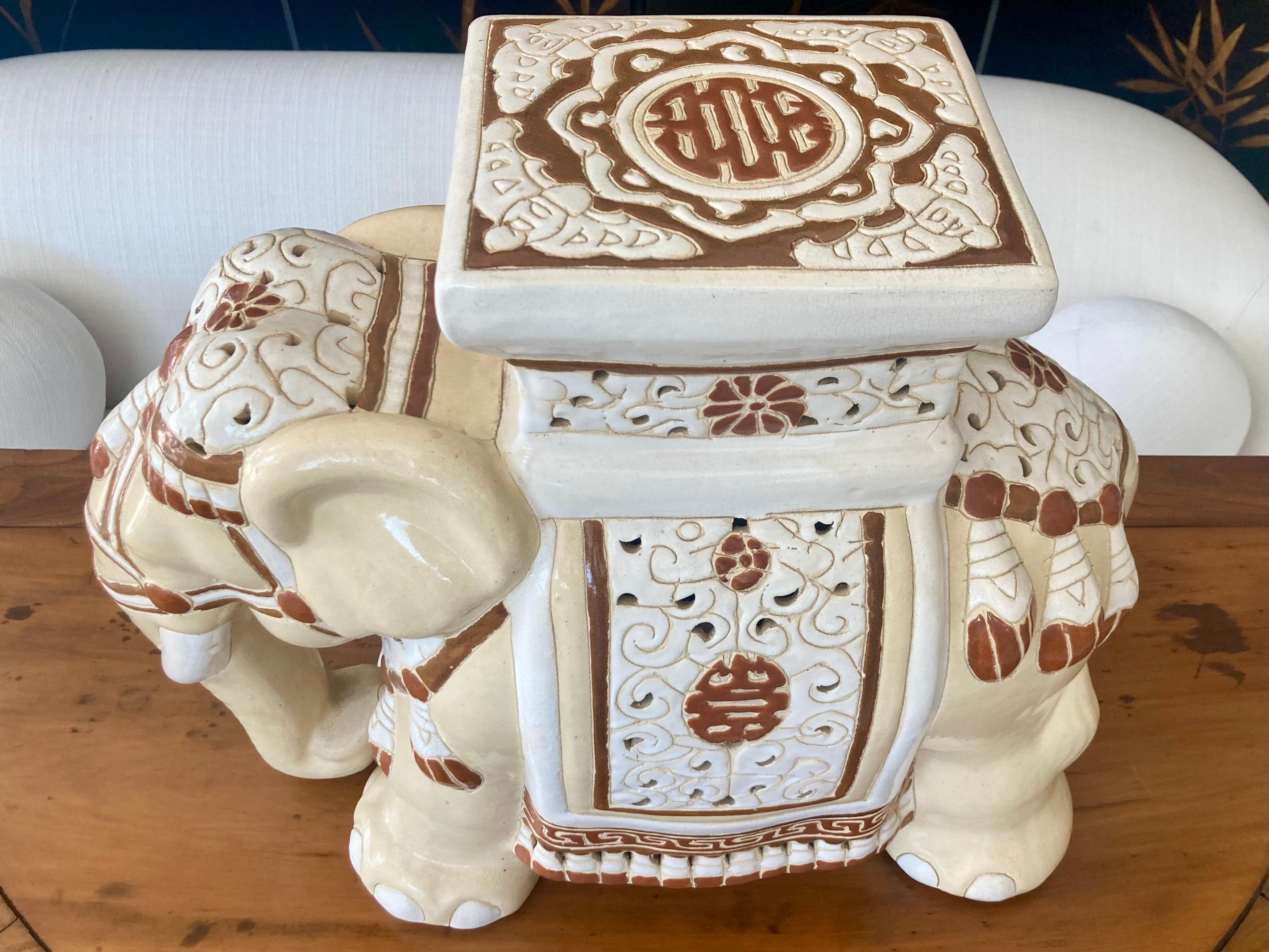 Modern Elephant Blanc and Tan Glazed Ceramic Garden Seat For Sale