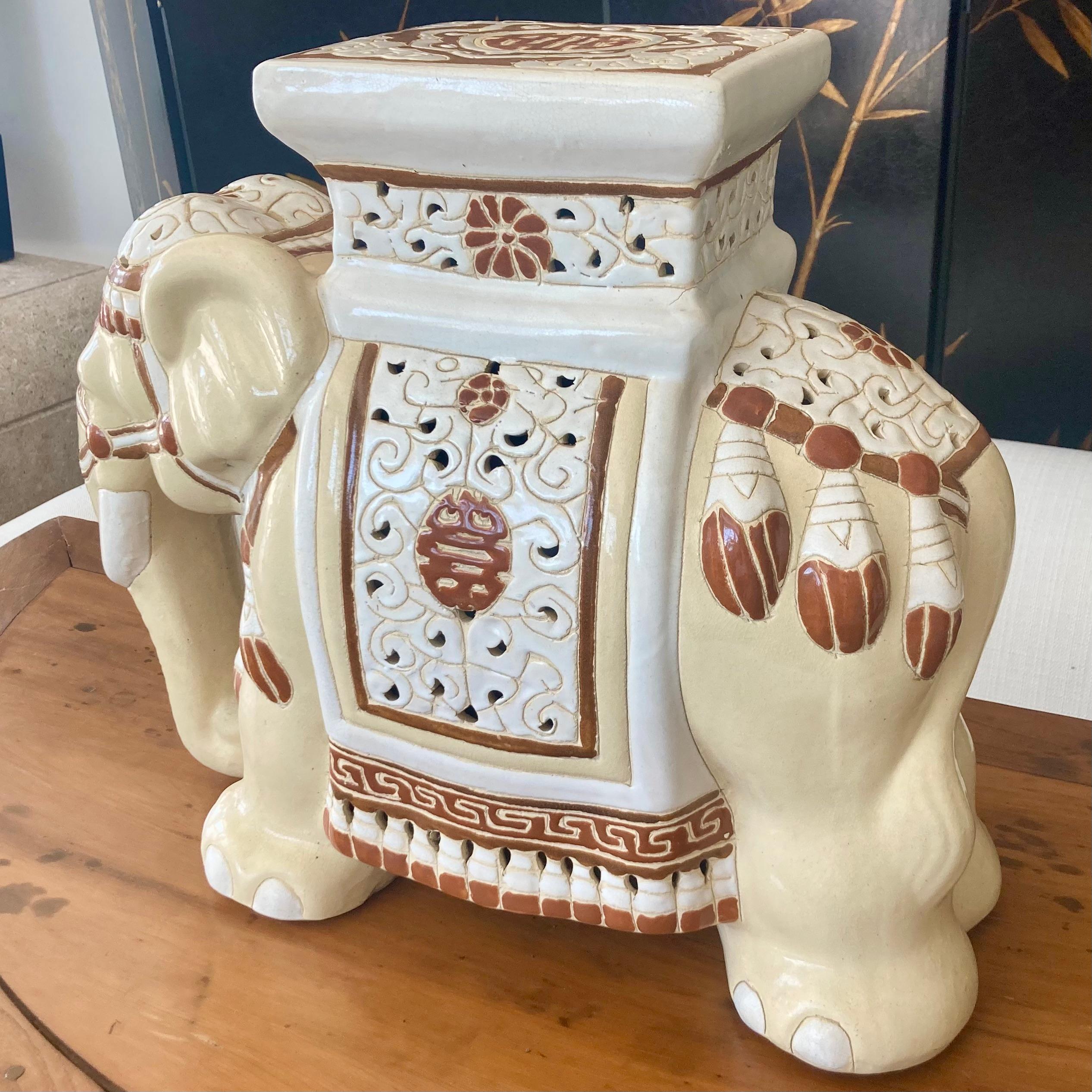 American Elephant Blanc and Tan Glazed Ceramic Garden Seat For Sale