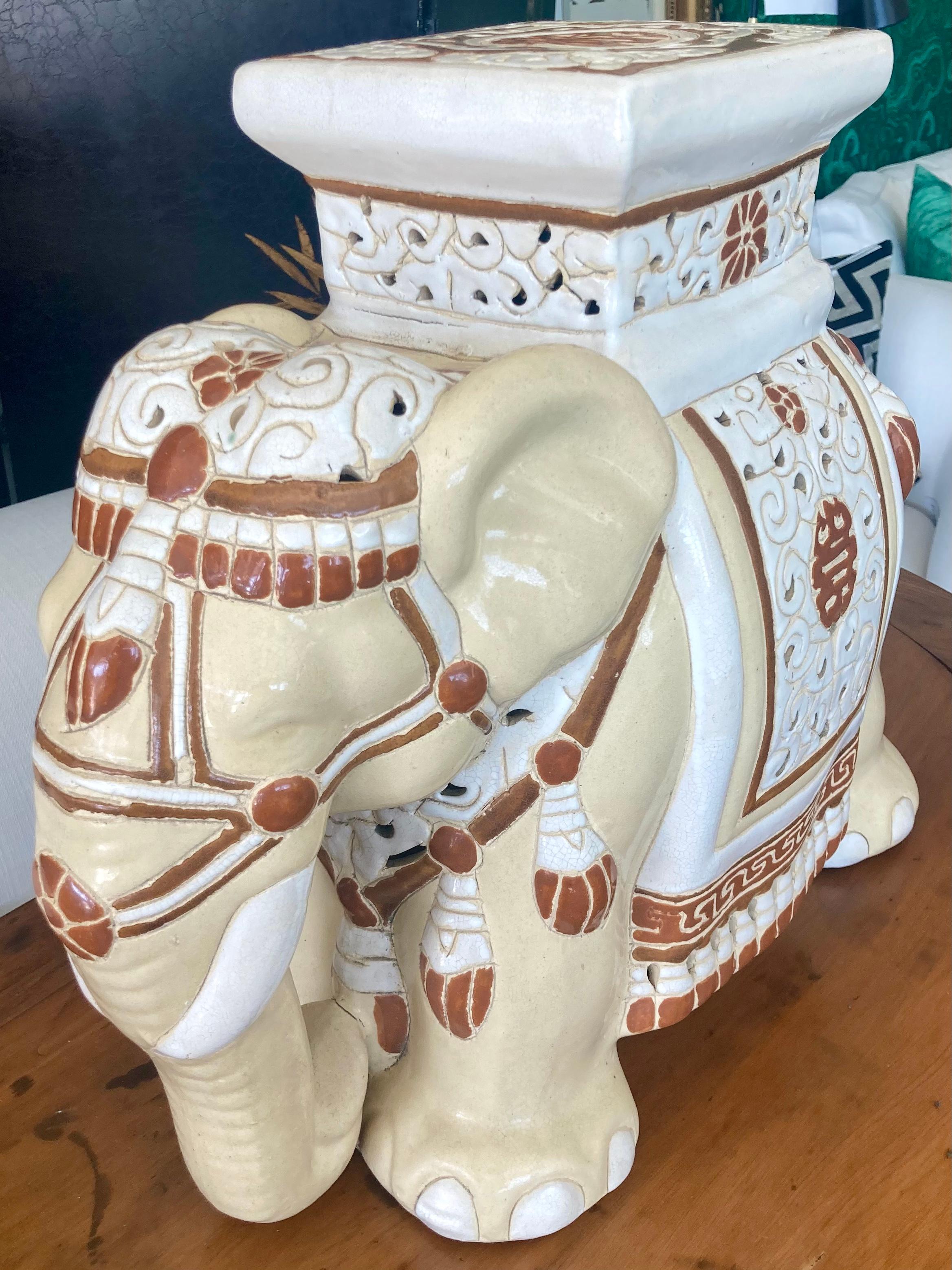 Elephant Blanc and Tan Glazed Ceramic Garden Seat For Sale 2