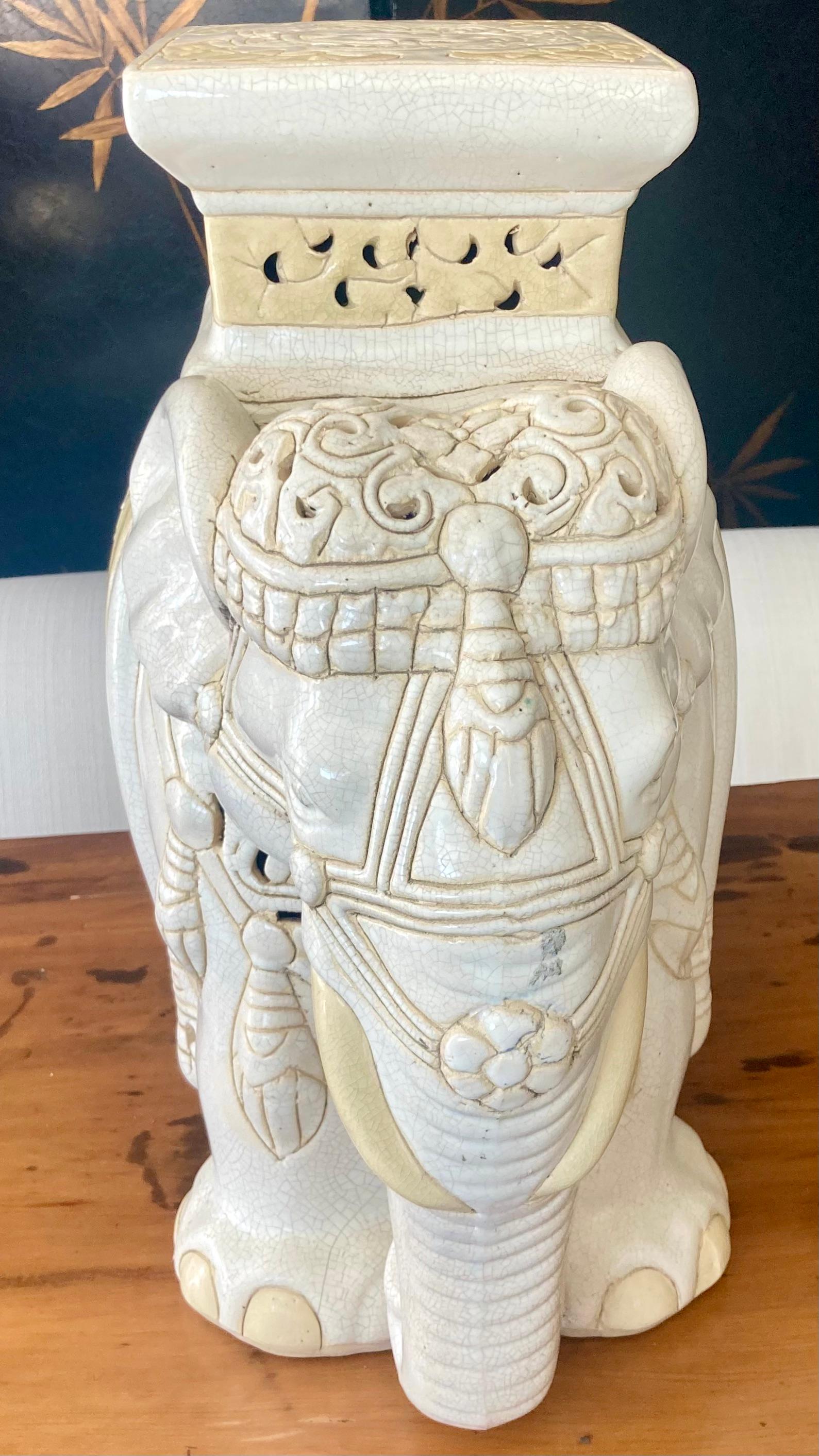 Late 20th Century Elephant Blanc Glazed Ceramic Garden Seat For Sale