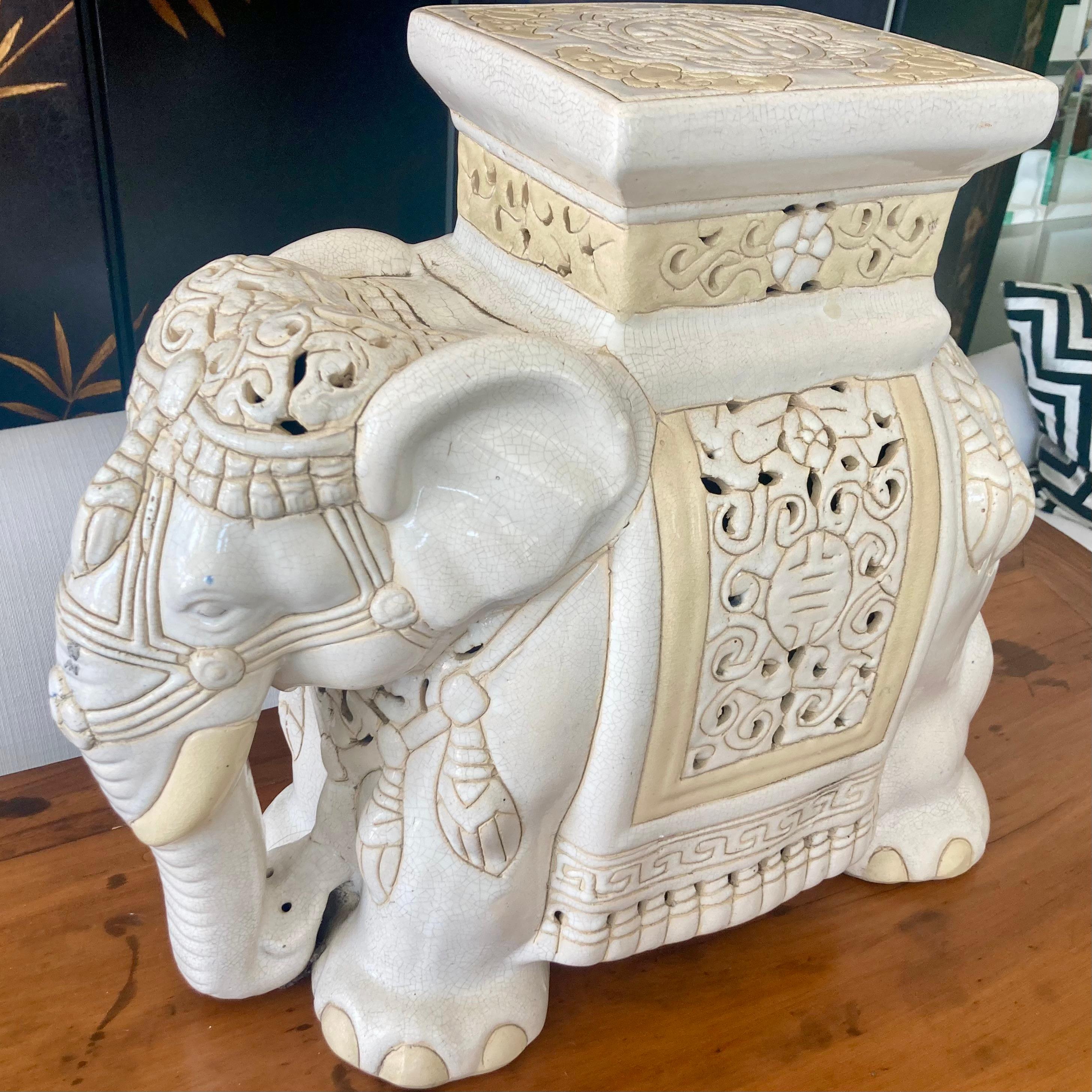 Elephant Blanc Glazed Ceramic Garden Seat For Sale 1