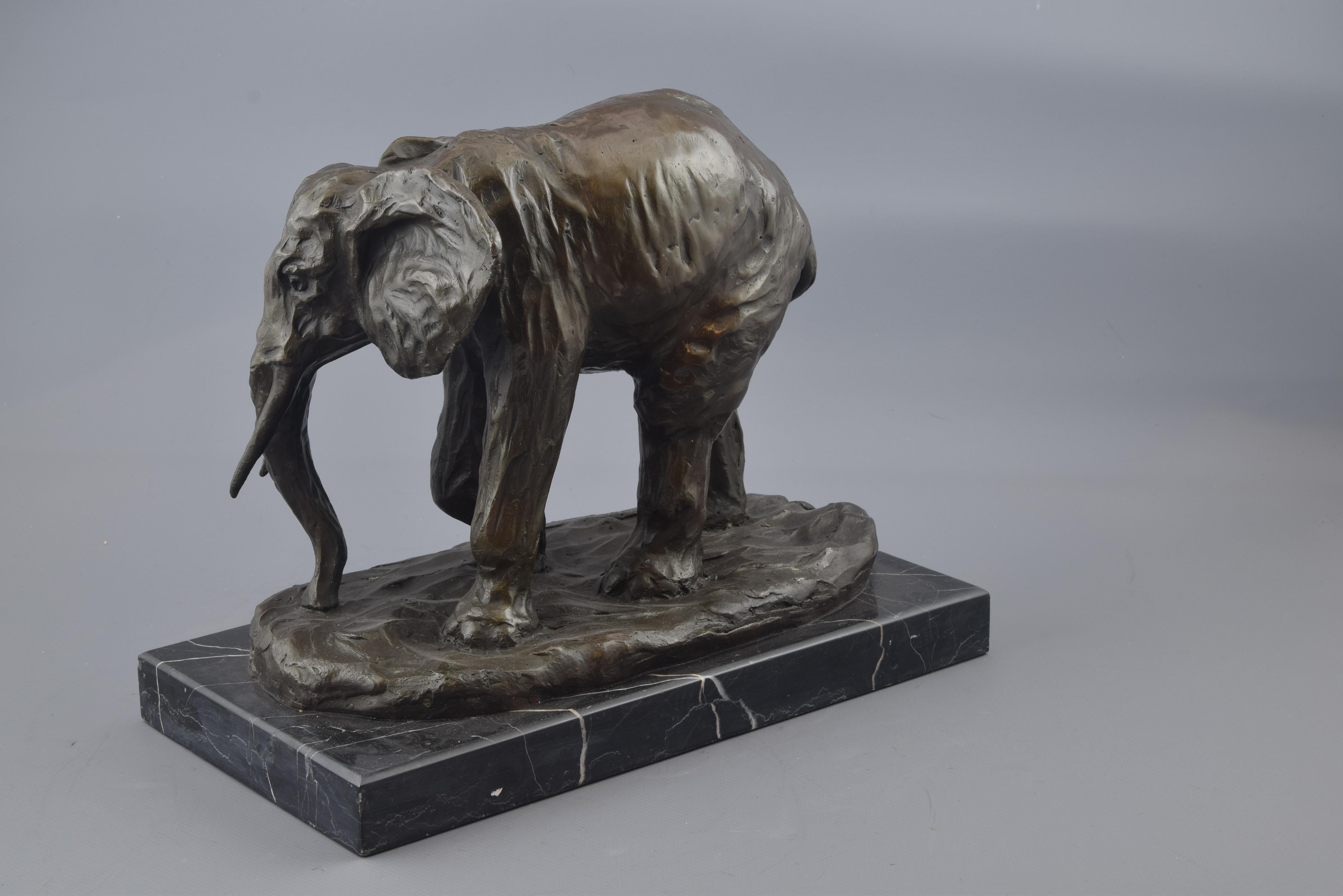 Lost wax casting. Base in marble. The elephant is placed walking on a base treated so that it resembles land. The inspiration for the present sculpture comes from works by the artist who signed as 