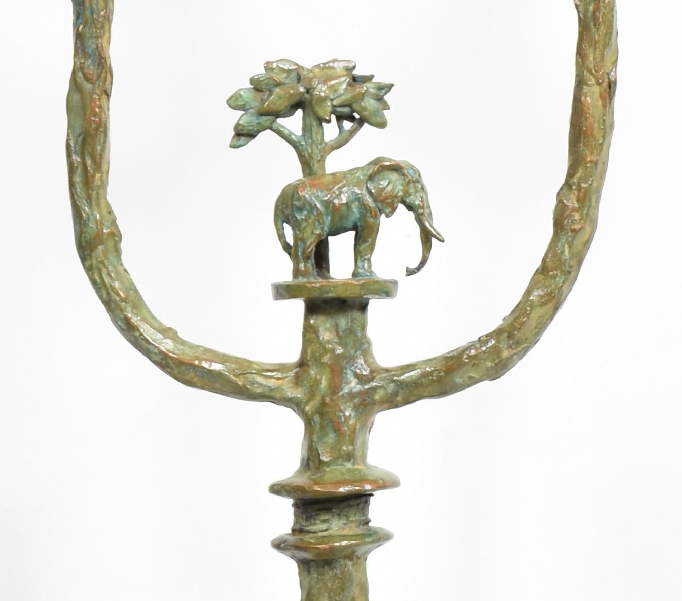 Rustic Elephant Candlestick in cast bronze with Verdigris patina For Sale