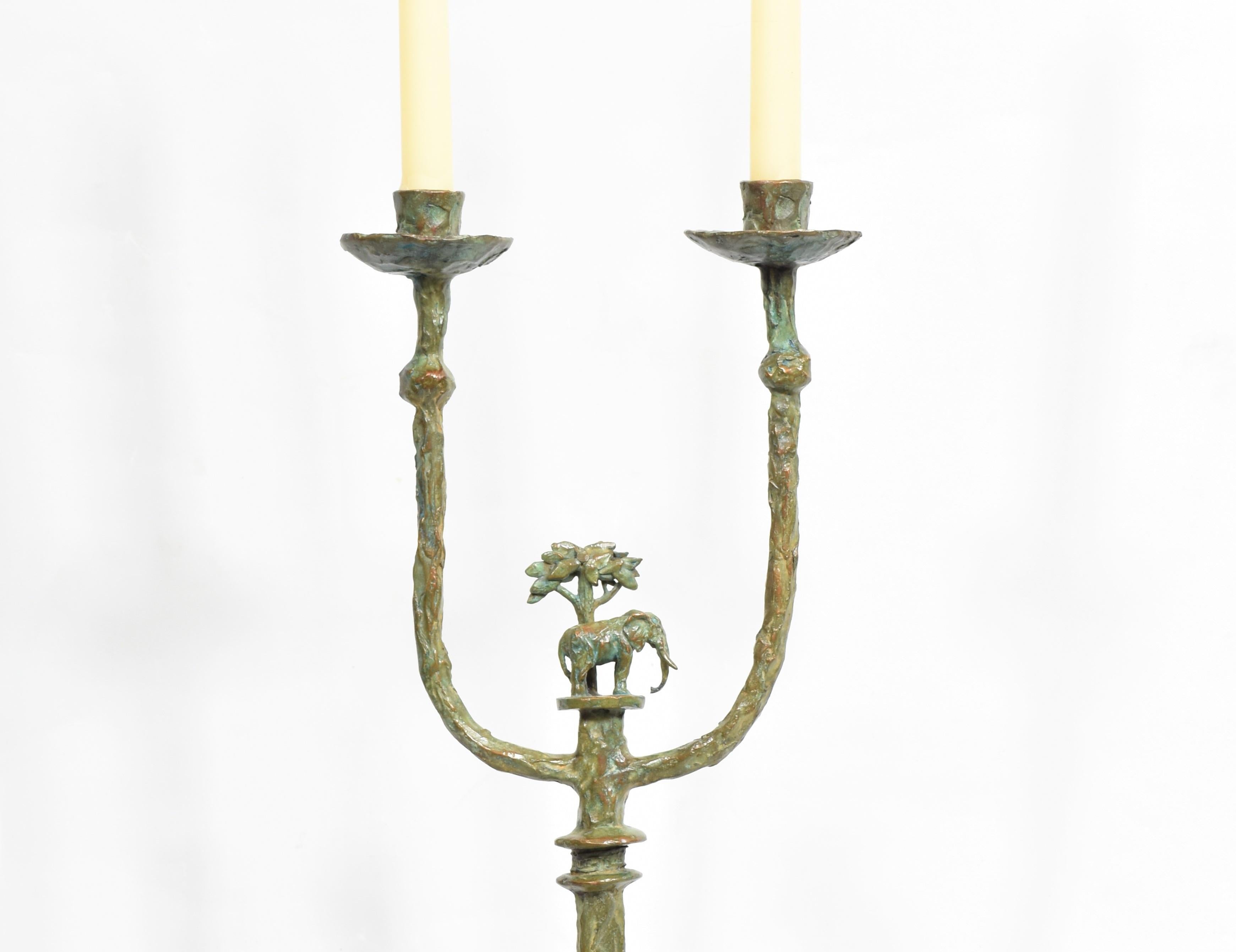 South African Elephant Candlestick in cast bronze with Verdigris patina For Sale