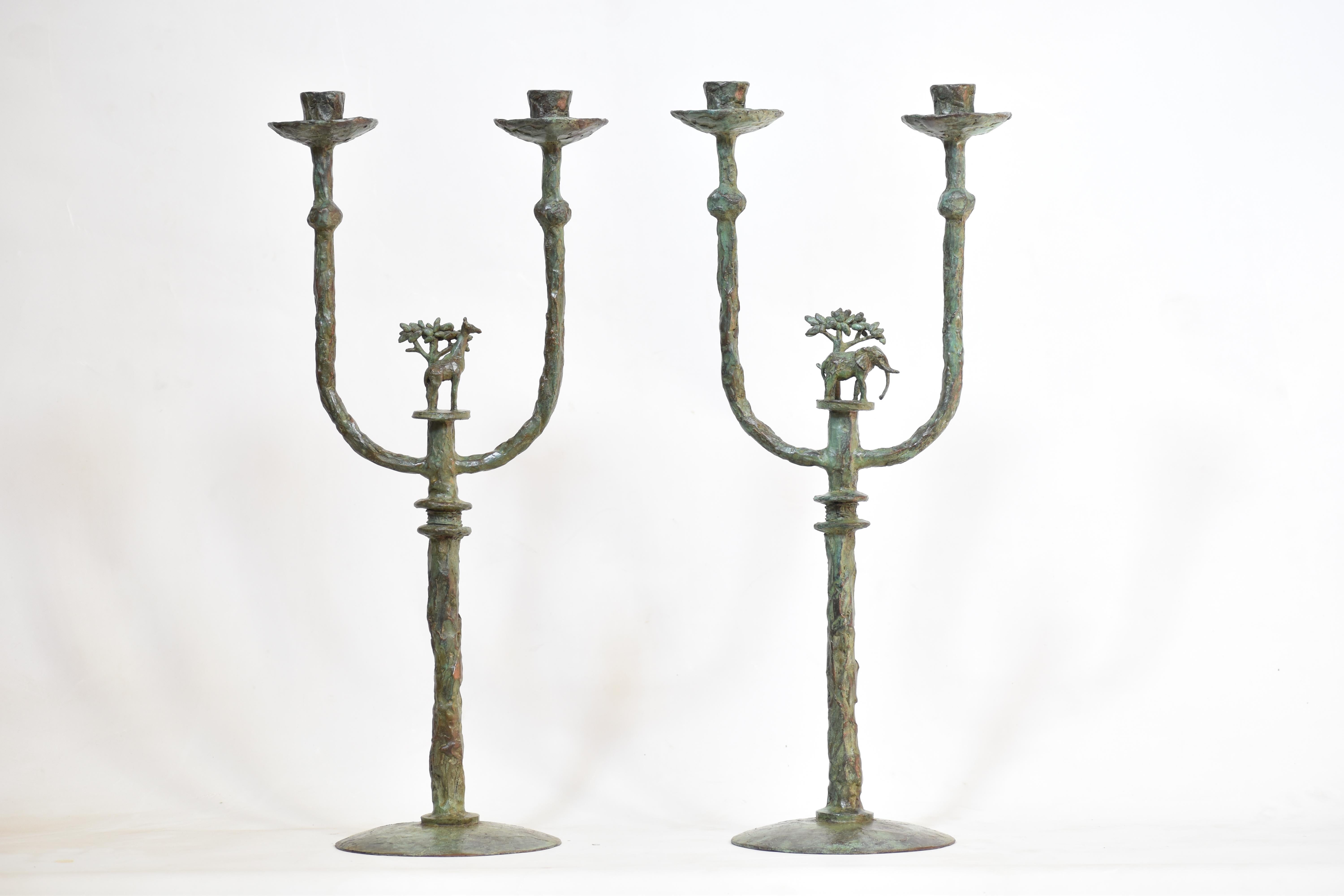 Contemporary Elephant Candlestick in cast bronze with Verdigris patina For Sale