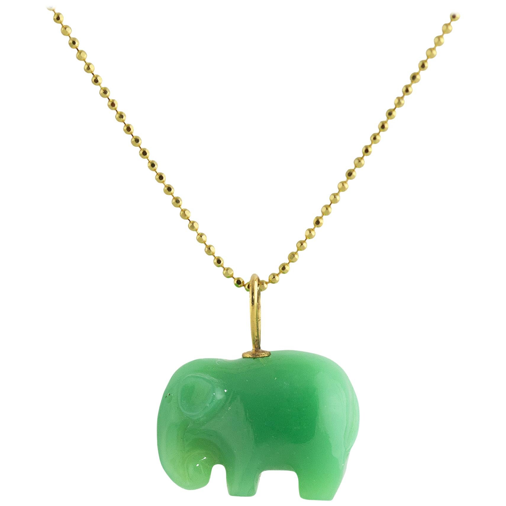 Ico & the Bird Turquoise Mountain Myanmar Chrysoprase Elephant 22k Gold Pendant For Sale