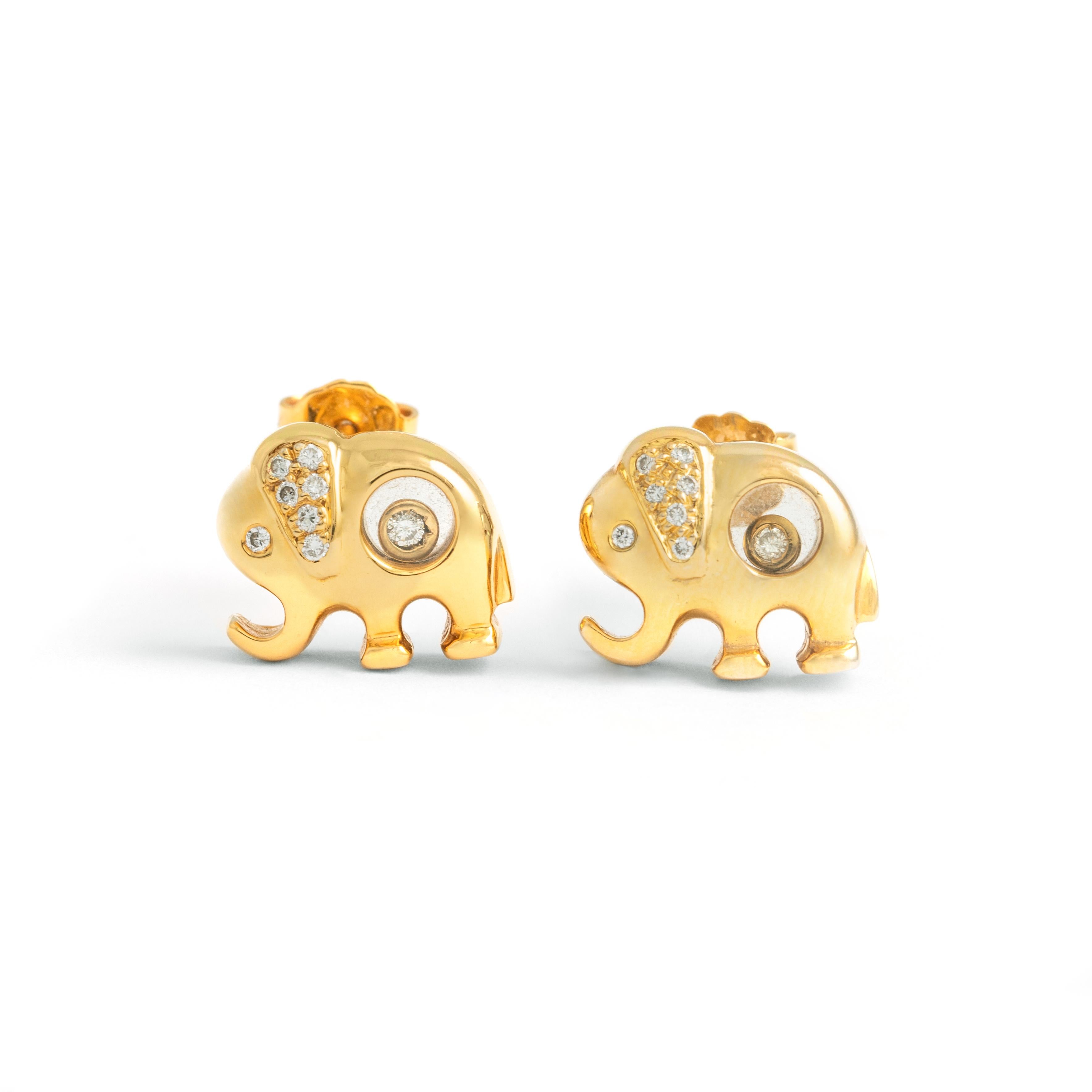 Round Cut Elephant Diamond Yellow Gold 18K Earrings For Sale