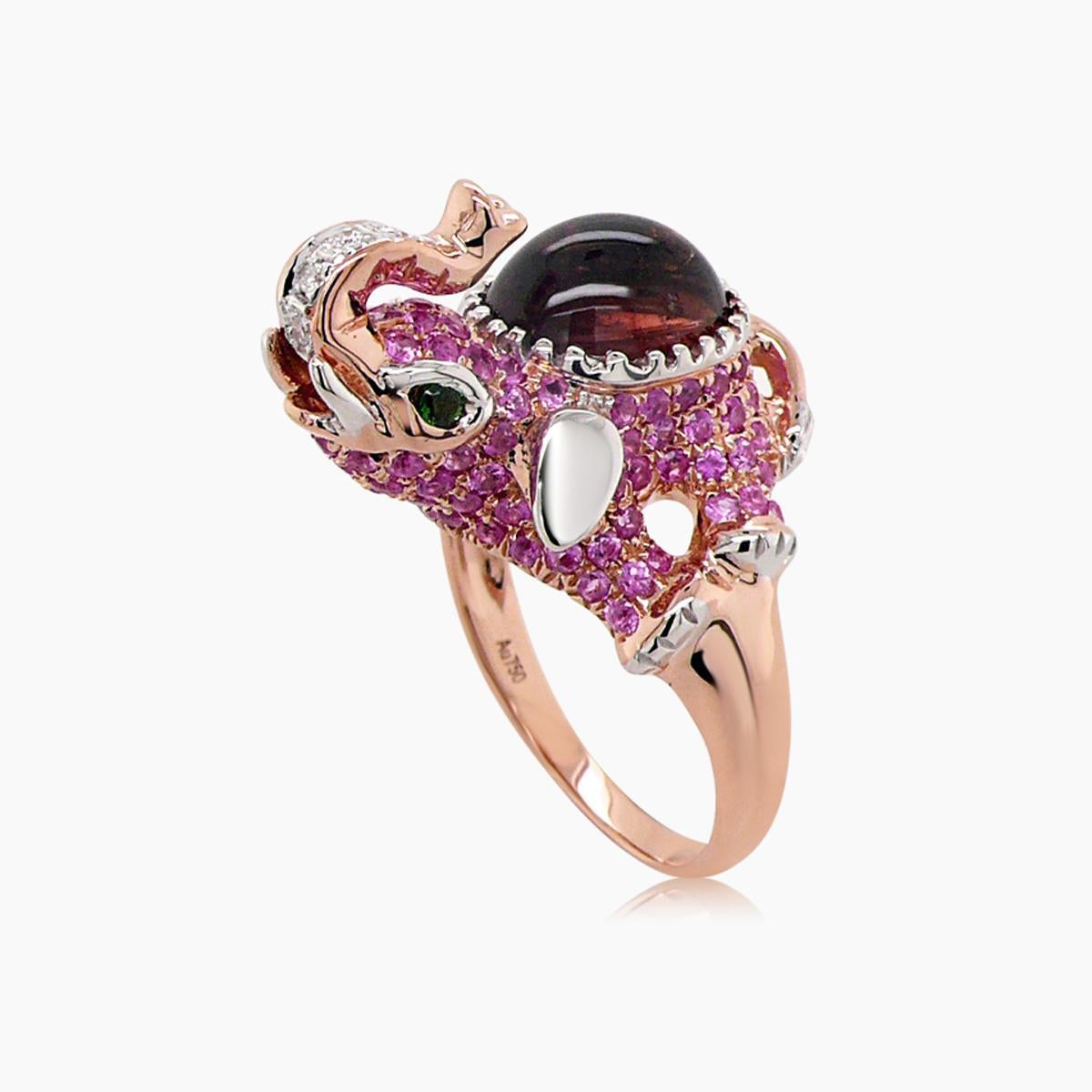 Mixed Cut Elephant Diamonds Pave Pink Sapphire Tourmaline 18K Rose & White Gold Ring For Sale
