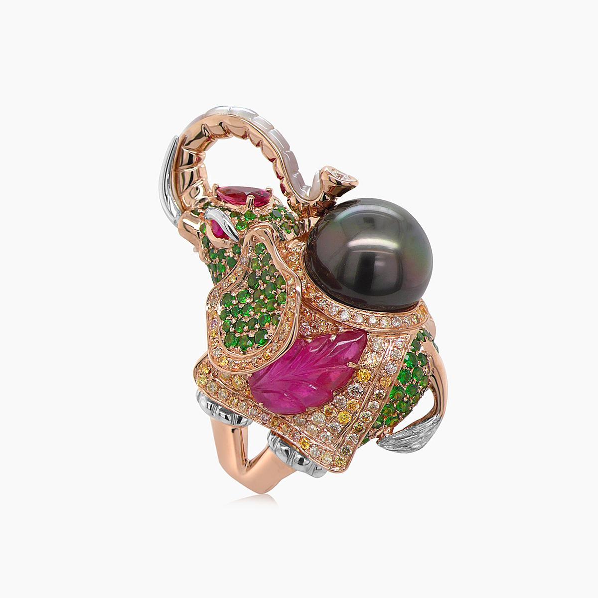 Bague Elephant Diamonds Pave Ruby Tourmaline Pearl 18K Rose & White Gold Neuf - En vente à Oakton, VA