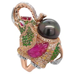 Bague Elephant Diamonds Pave Ruby Tourmaline Pearl 18K Rose & White Gold