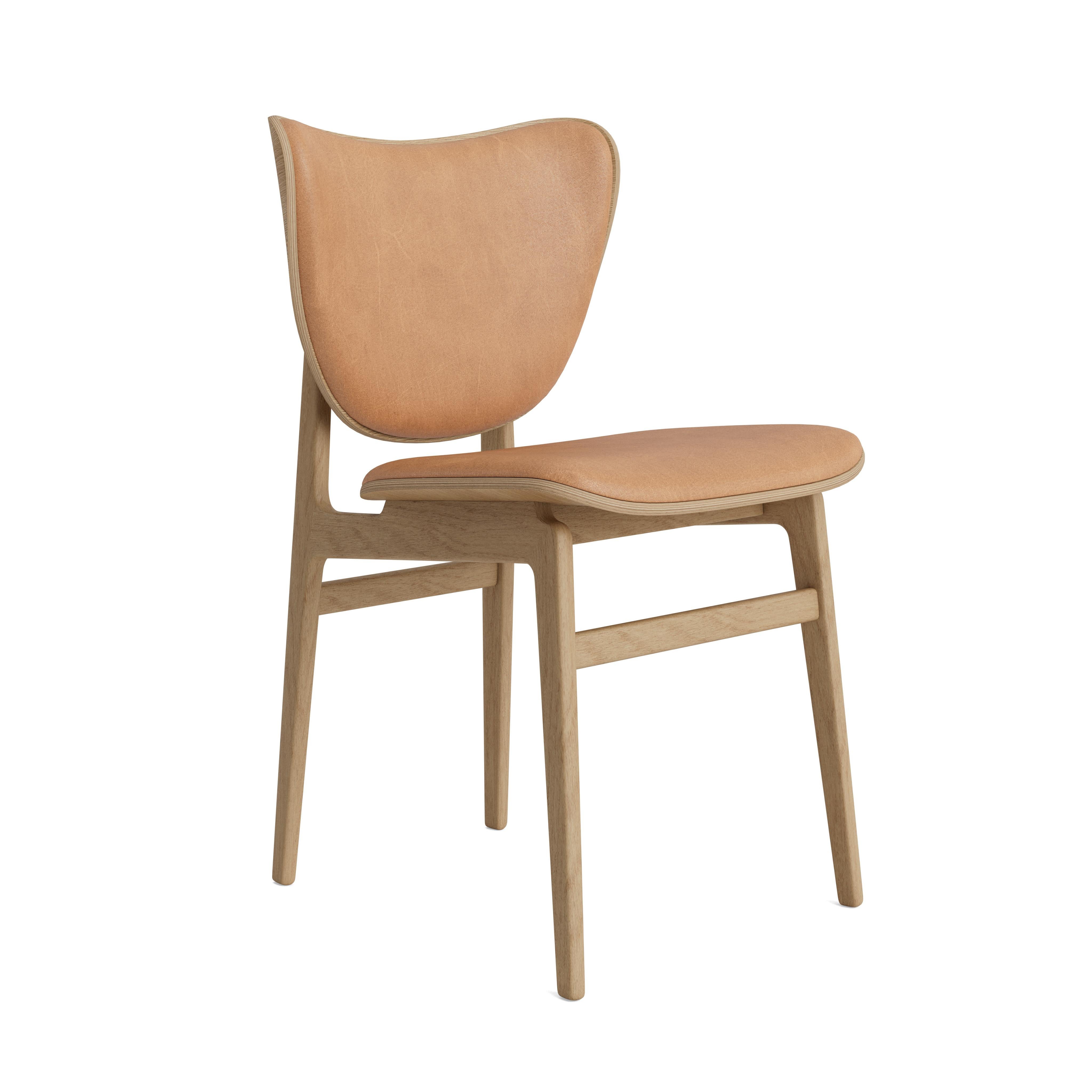Elephant Dining Chair by NORR11
Dimensions: D 51 x W 47 x H 80,5 cm. SH 45,5 cm.
Materials: Natural oak and upholstery.
Upholstery: Dunes Camel 21004.

Available in different oak finishes: Natural oak, light smoked oak, dark smoked oak, black oak.