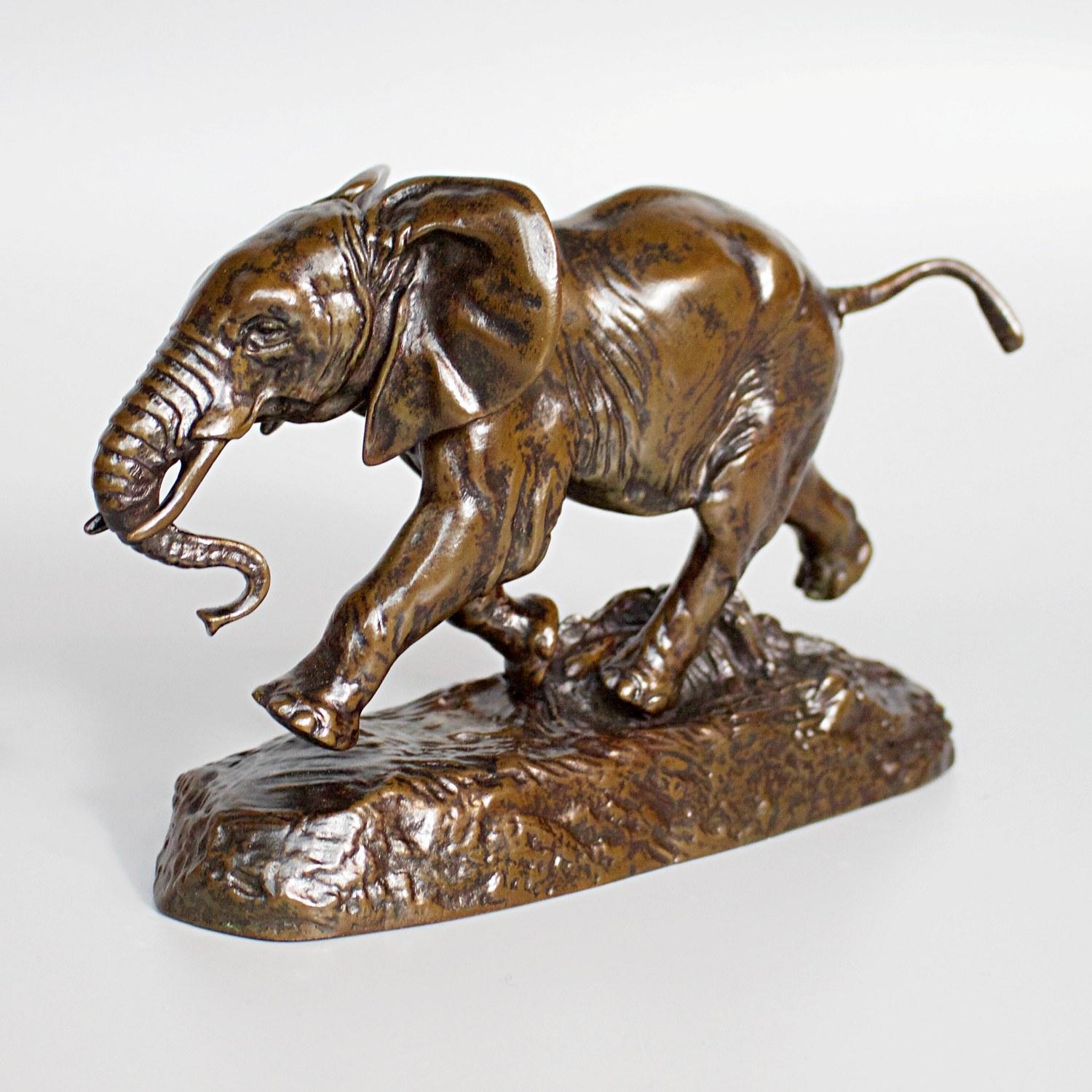 A late 19th century bronze sculpture by Antoine-Louis Barye (1795-1875) of a charging African Elephant. Rich brown patination and hand chased detail. Signed Barye and inscribed F Barbedienne 

Dimensions: H 13.5cm, W 18.5cm, D 6.5cm

Artist: