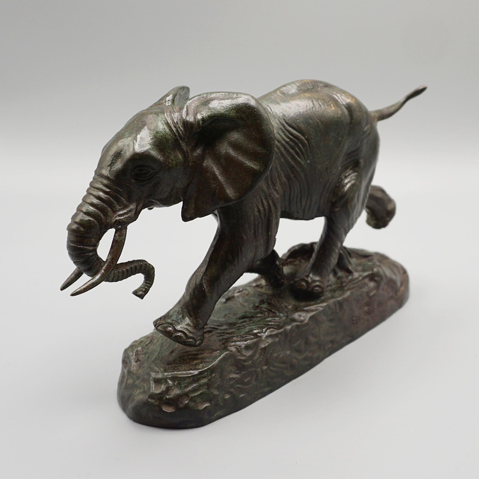 Éléphant du Sénégal Sculpture en bronze de la fin du XIXe siècle, réalisée par Antoine-Louis Barye (1795-1875), représentant un éléphant d'Afrique en train de charger. Excellente patine verte et détails ciselés à la main. Signé 