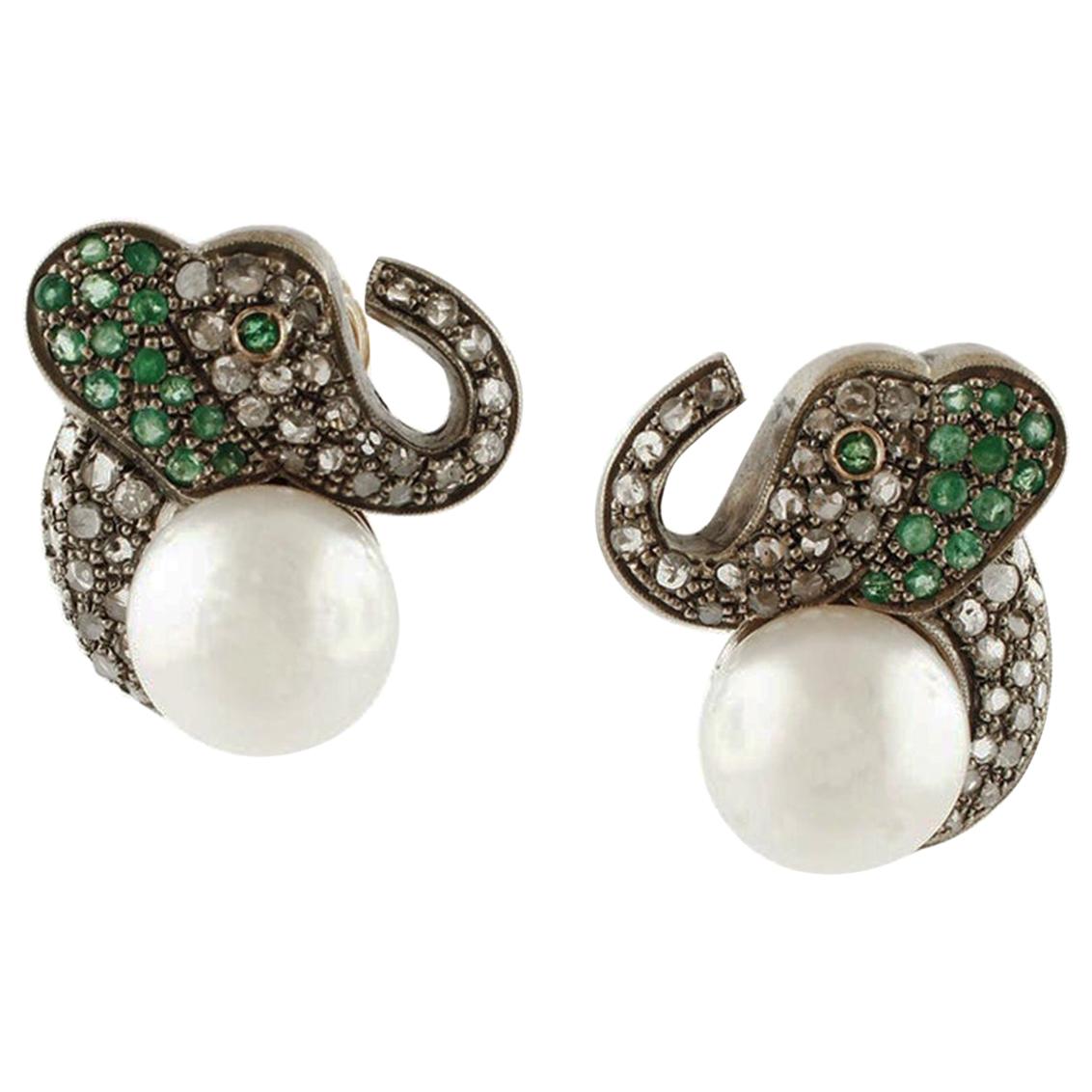 Elephant Earrings, Pearls, Diamonds, Emeralds, 18 Karat Yellow Gold and Silver