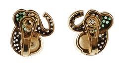 Elephant Earrings, Pearls, Diamonds, Emeralds, 18 Karat Yellow Gold and Silver