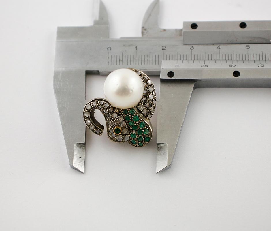 Elephant Earrings, Pearls, Diamonds, Emeralds, 18 Karat Yellow Gold and Silver 2